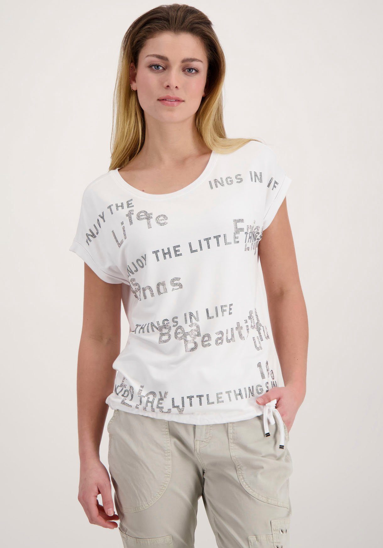 Monari Rundhalsshirt mit Glitzerschrift, Tunnelzugbändchen am Saum für eine  individuelle Weitenregulierung | T-Shirts