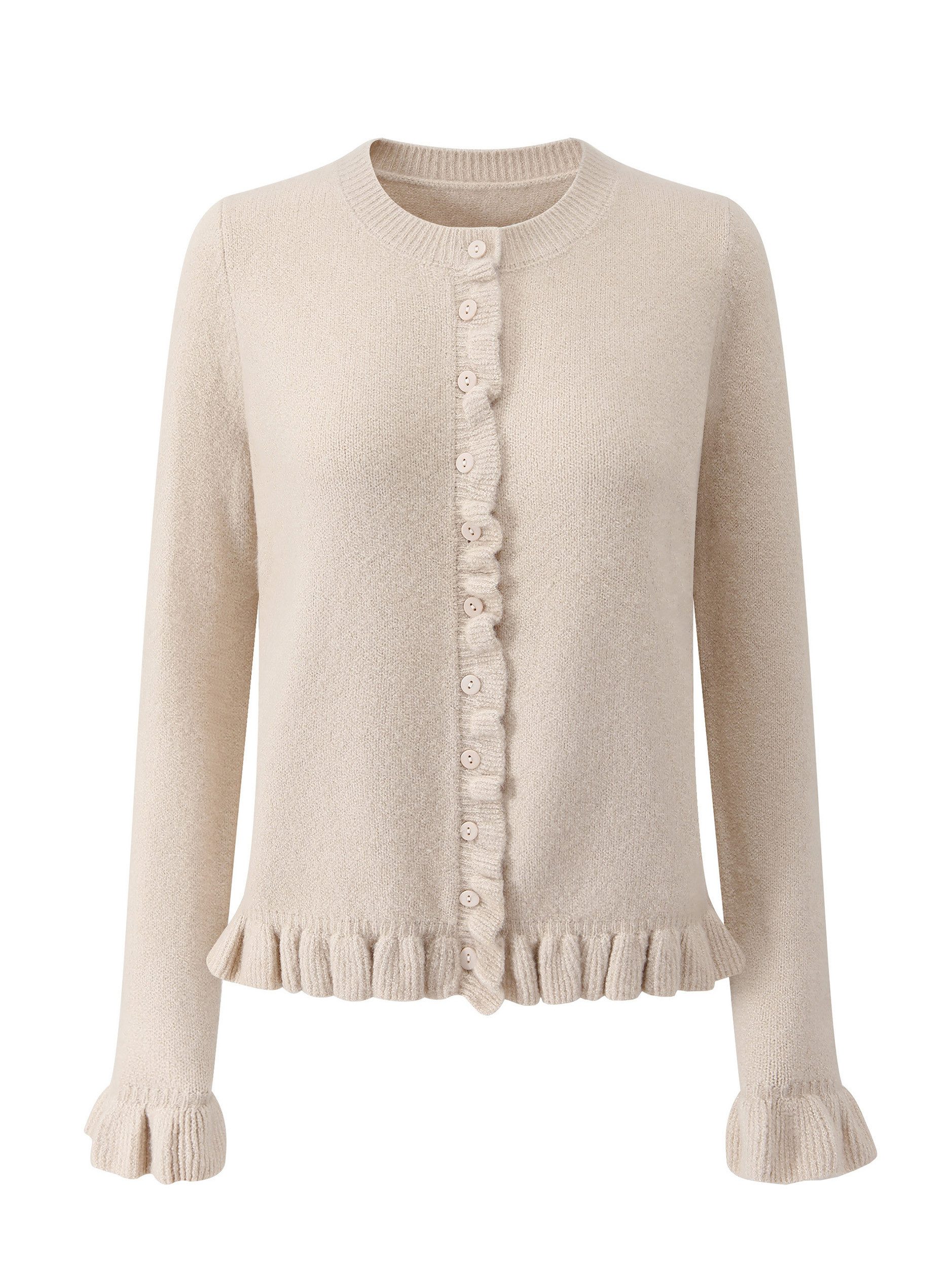 SASSYCLASSY Cardigan Elegante Strickjacke Damen mit Rüschendetails Femininer Cardigan mit Wollanteil Beige Hellgrün Schwarz Braun