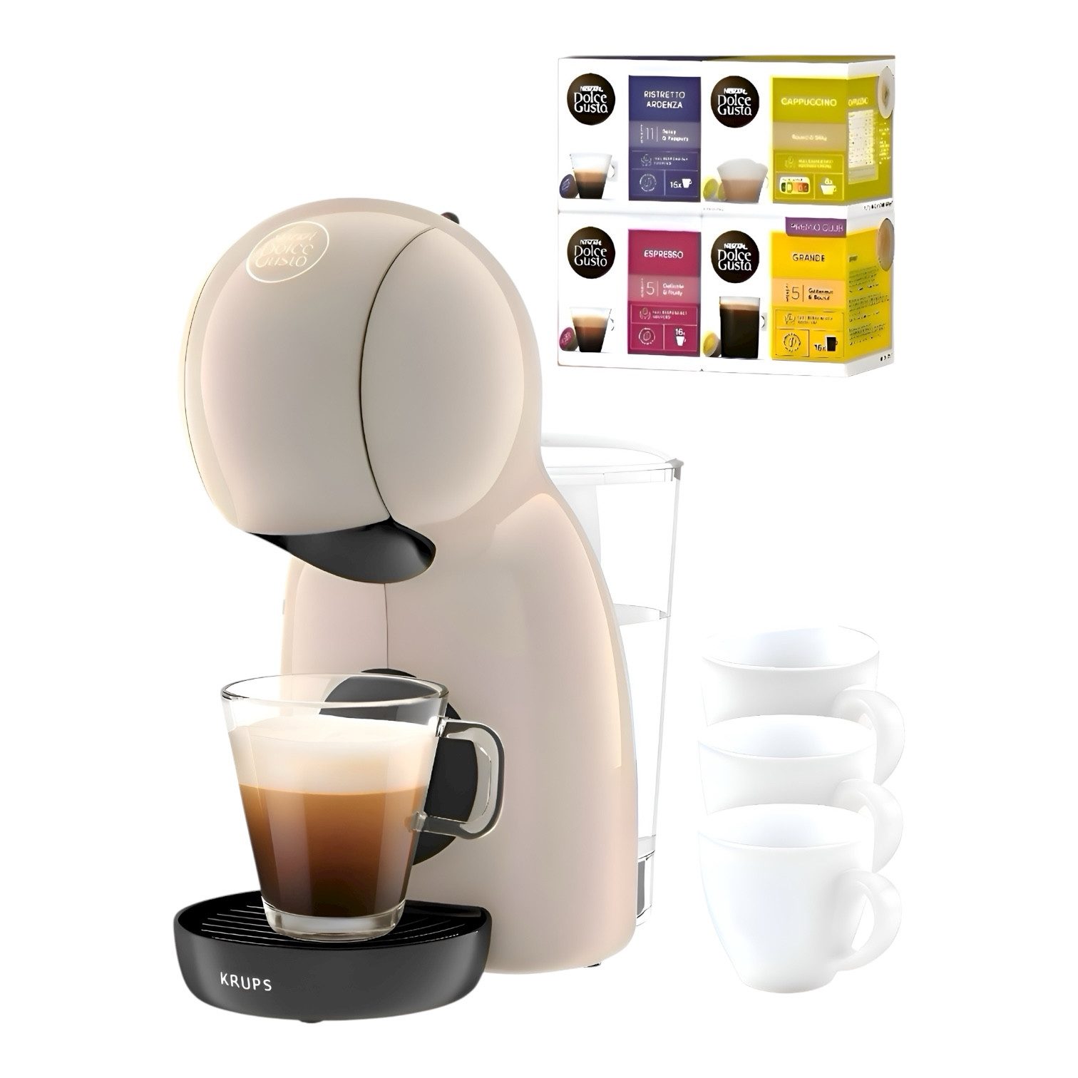 NESCAFÉ® Dolce Gusto® Kapselmaschine NESCAFÉ Dolce Gusto Piccolo XS, Kapselmaschine in stilvollem Taupe, die modernes Design, 4 Boxen mit Kapseln und drei stilvolle Espresso-Gläser