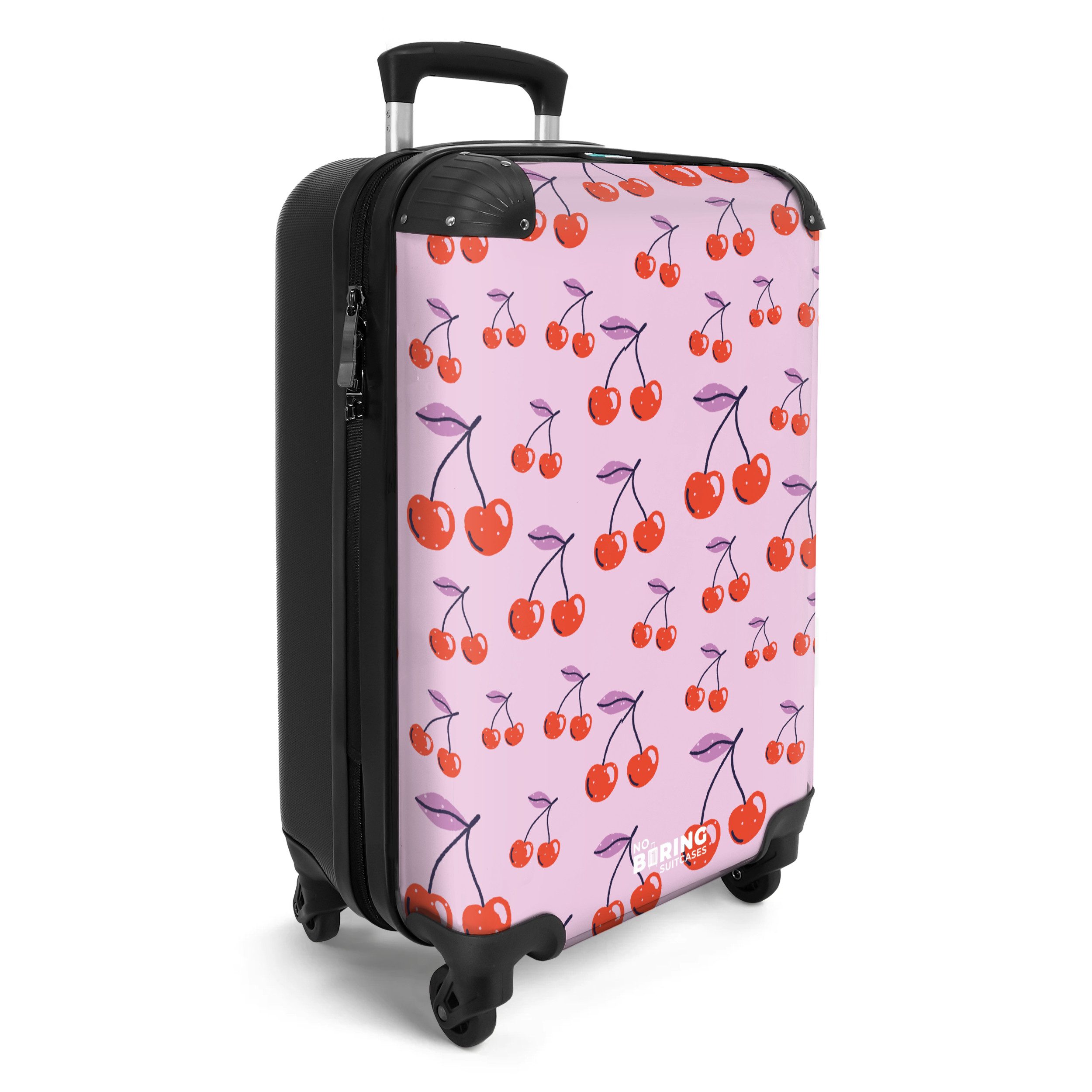 NoBoringSuitcases.com© Hartschalen-Trolley Lila mit roten Kirschen günstig online kaufen