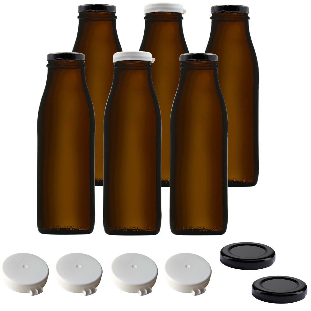 Milchbehälter 6x Milchflasche 500 ml braun mit Schraubdeckel und Frischhaltedeckel