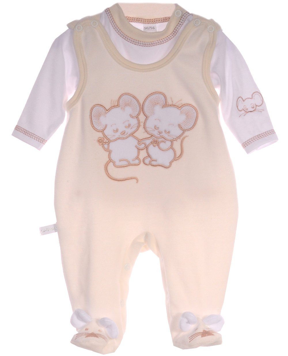 La Bortini Strampler Strampler und Shirt Baby Anzug in Creme mit Mäuschen aus weichem Velours und Baumwolle, 44 50 56 62 68