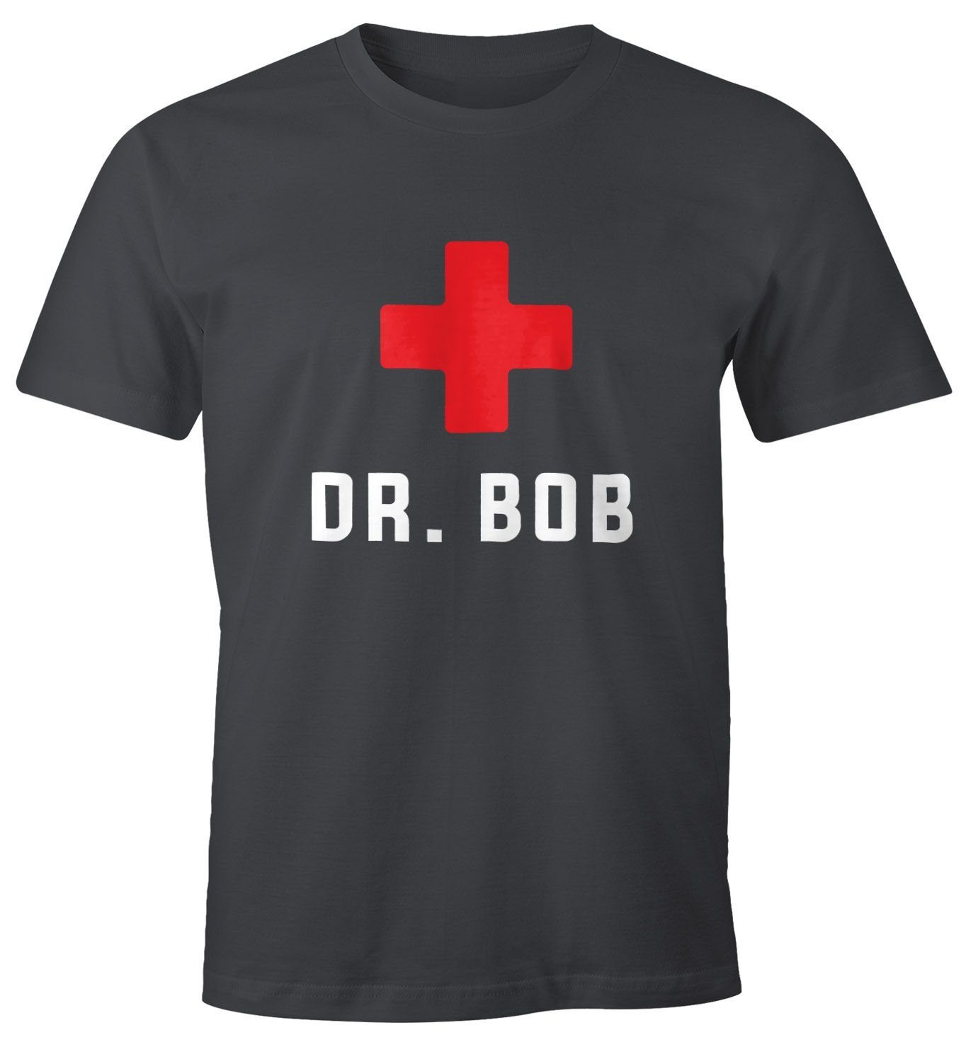 MoonWorks Print-Shirt Herren T-Shirt Dr Bob Dschungel Arzt Notarzt Fun-Shirt Moonworks® mit Print grau