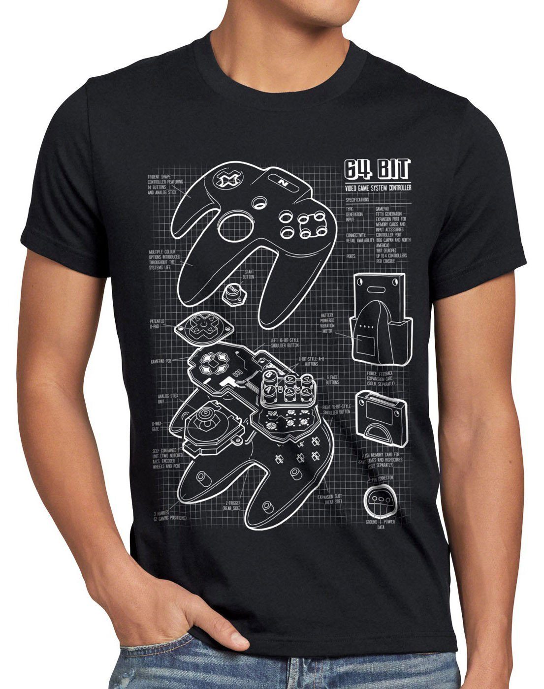 style3 Print-Shirt Herren T-Shirt N64 Blaupause gamer 64 nintendo controller mario kart classic nes schwarz