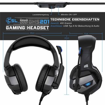 CSL Gaming-Headset (Blaue LED-Beleuchtung; Kopfbügel variabel verstellbar; Bietet kristallklaren Hoch-, Mittel- und Tieftonbereich + dynamische Basswiedergabe, USB, Mikrofon, Kopfhörer für Windows, Mac, PS3, PS4, PS4 Pro)