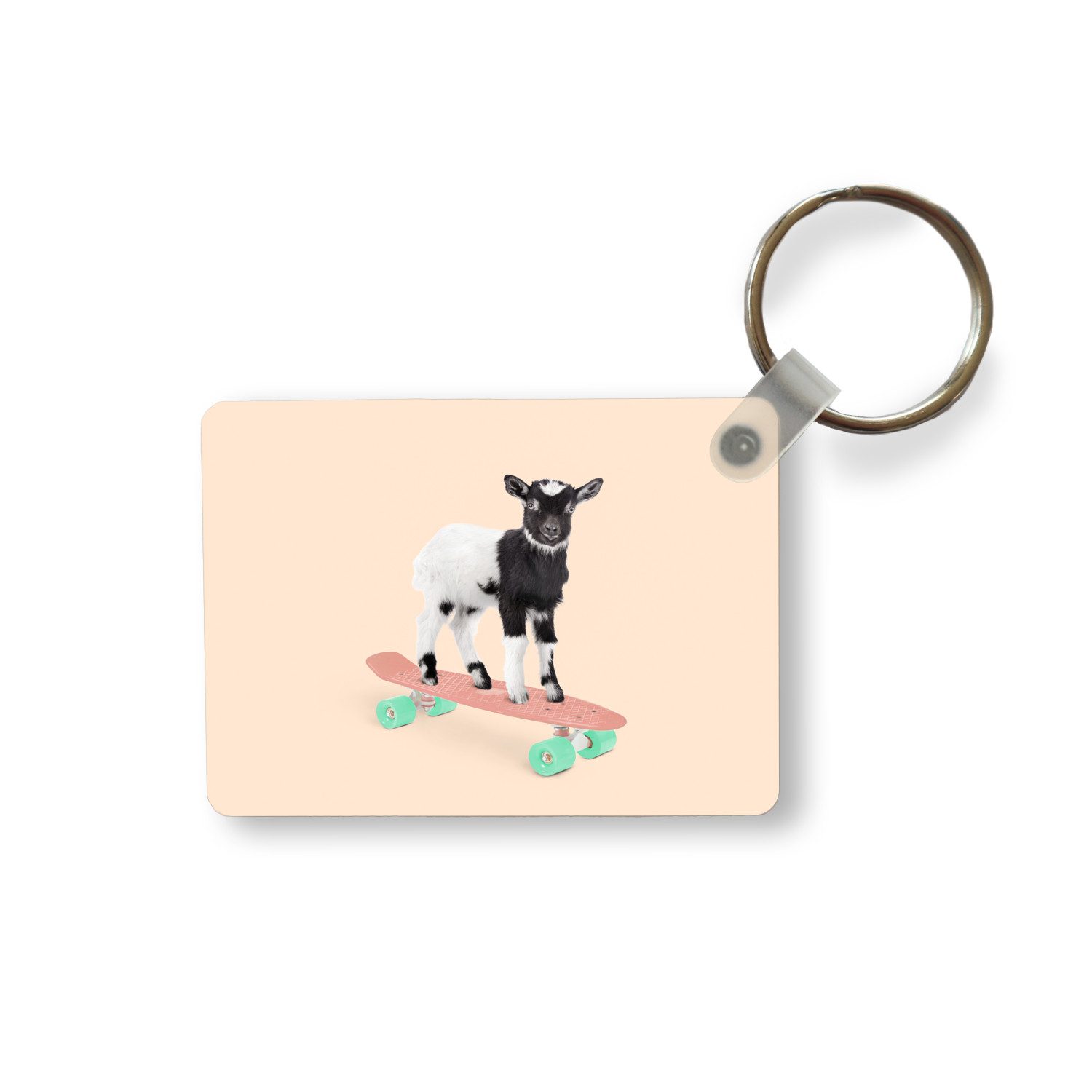 MuchoWow Schlüsselanhänger Ziege - Schwarz - Skateboard - Weiß - Tiere, Rechteckig mit Schlüsselring, Geschenk, Accessoire, 6x4 cm