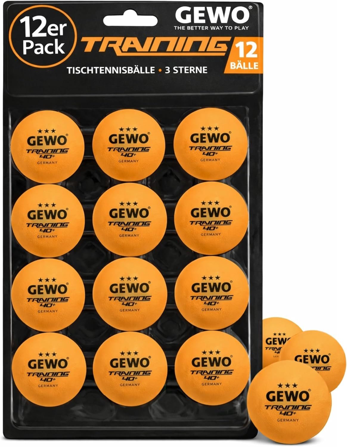 Gewo Tischtennisball 12 Stück, 3 Sterne 40+, Training ABS Tischtennisbälle, orange (12-St)