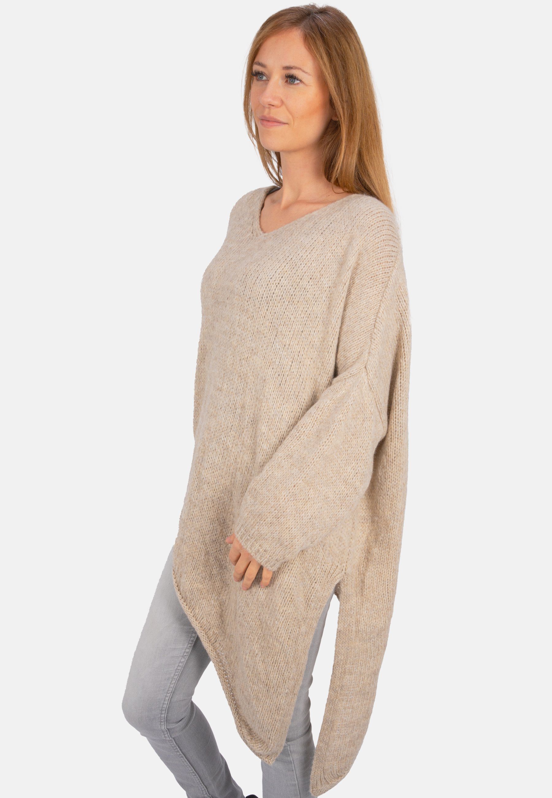 mit geschnittener Beige Seasons Pullover April Rica oversized Schlitz V-Ausschnitt-Pullover seitlichem Asymmetrisch, of