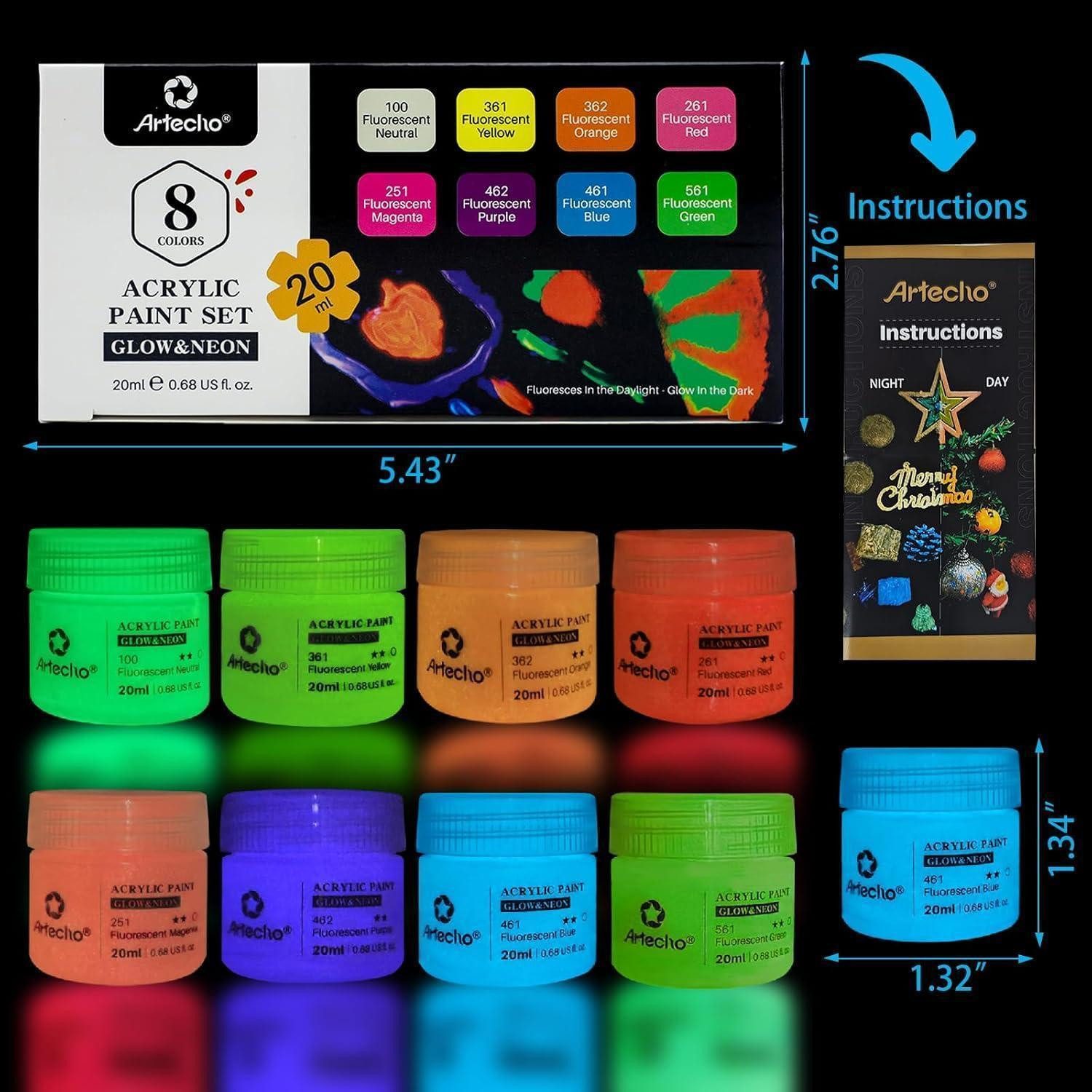 LuxusKollektion Malstift Acrylfarben Set 2in1 Neon Glow Dark 20ml Leuchtfarbe (8er Pack) – Bild 2 von 5