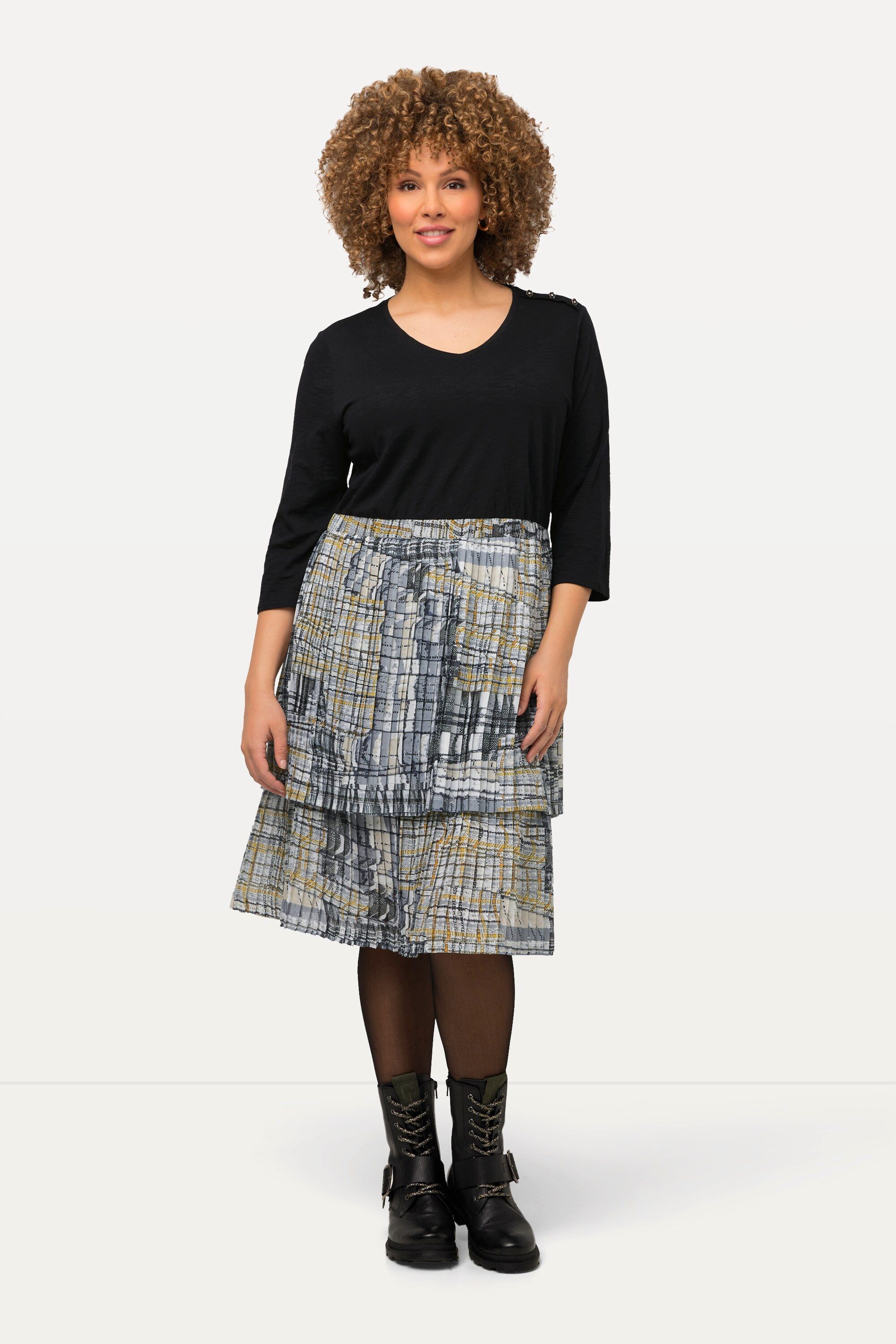 Ulla Popken Jerseykleid Jerseykleid Plisseerock A-Linie V-Ausschnitt