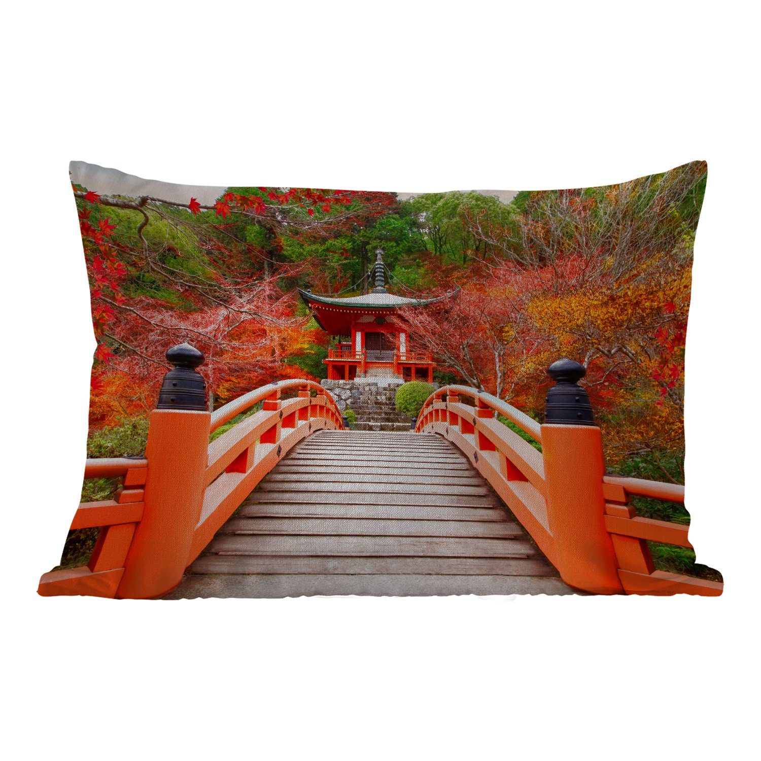 MuchoWow Dekokissen Brücke - Pagode - Japanisch - Rot - Natur, Outdoor-Dekorationskissen, Polyester, Dekokissenbezug, Kissenhülle