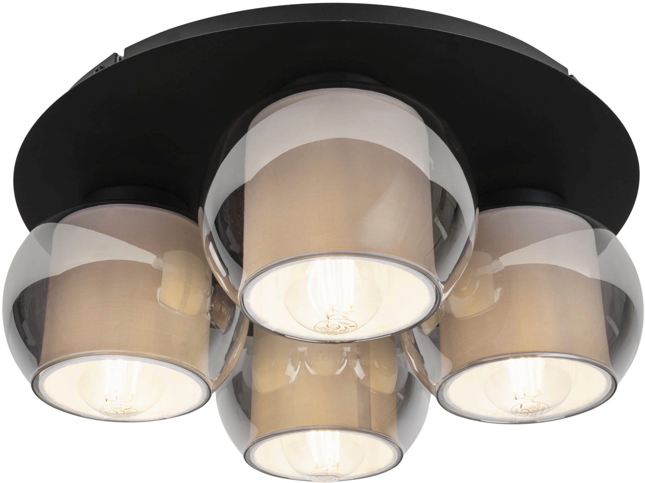 OTTO home Deckenleuchte Tanissa, ohne Leuchtmittel, rund, 4 kugelförmige Rauchglas-Schirme innen mit Stoff, 4x E27 exkl.