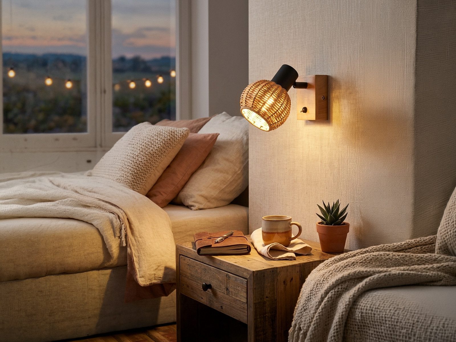 meineWunschleuchte Wandstrahler Rattanlampe mit Holz & Schalter, ohne Leuchtmittel, innen Wand-Lampe, Nachttischlampe Bett, Wandleuchte skandinavisch – Bild 5 von 5