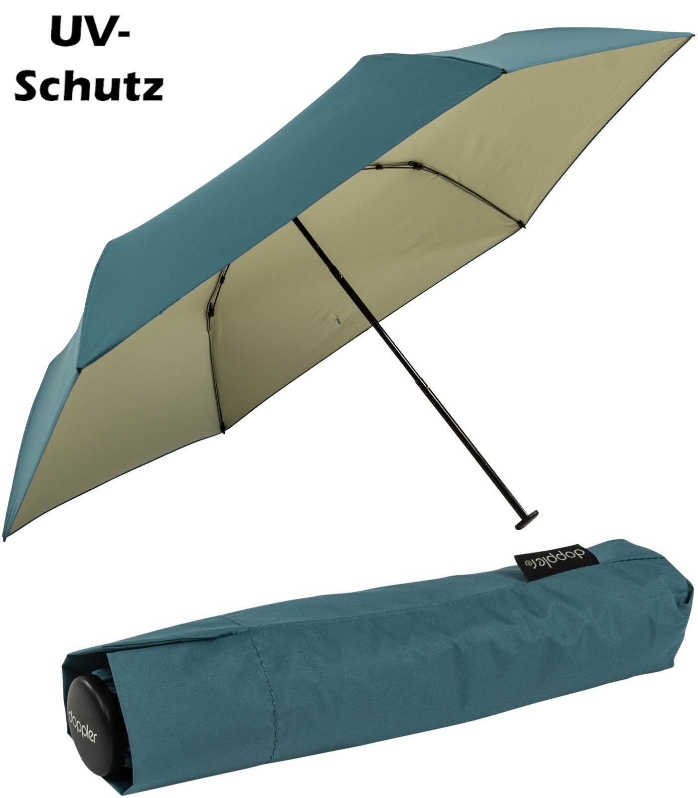 doppler® Taschenregenschirm für Damen, winzig klein und sehr leicht,  UV-Schutz, außen blau, innen elfenbein - ein Hingucker