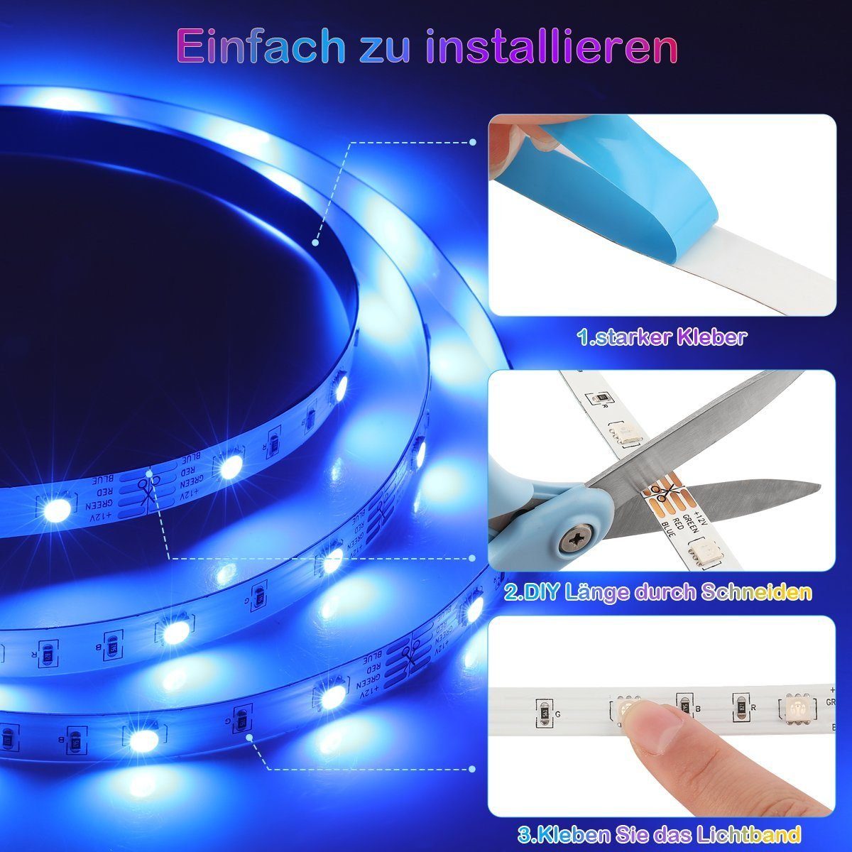 iscooter LED-Streifen LED Streifen, RGB 5M/10M/15M/20M/30M 16 LED Steuerbar Mio. LED/Meter Farbwechsel App, Dimmer Lichterkette, 30 Farben, LED mit via Streifen, 5M Bluetooth