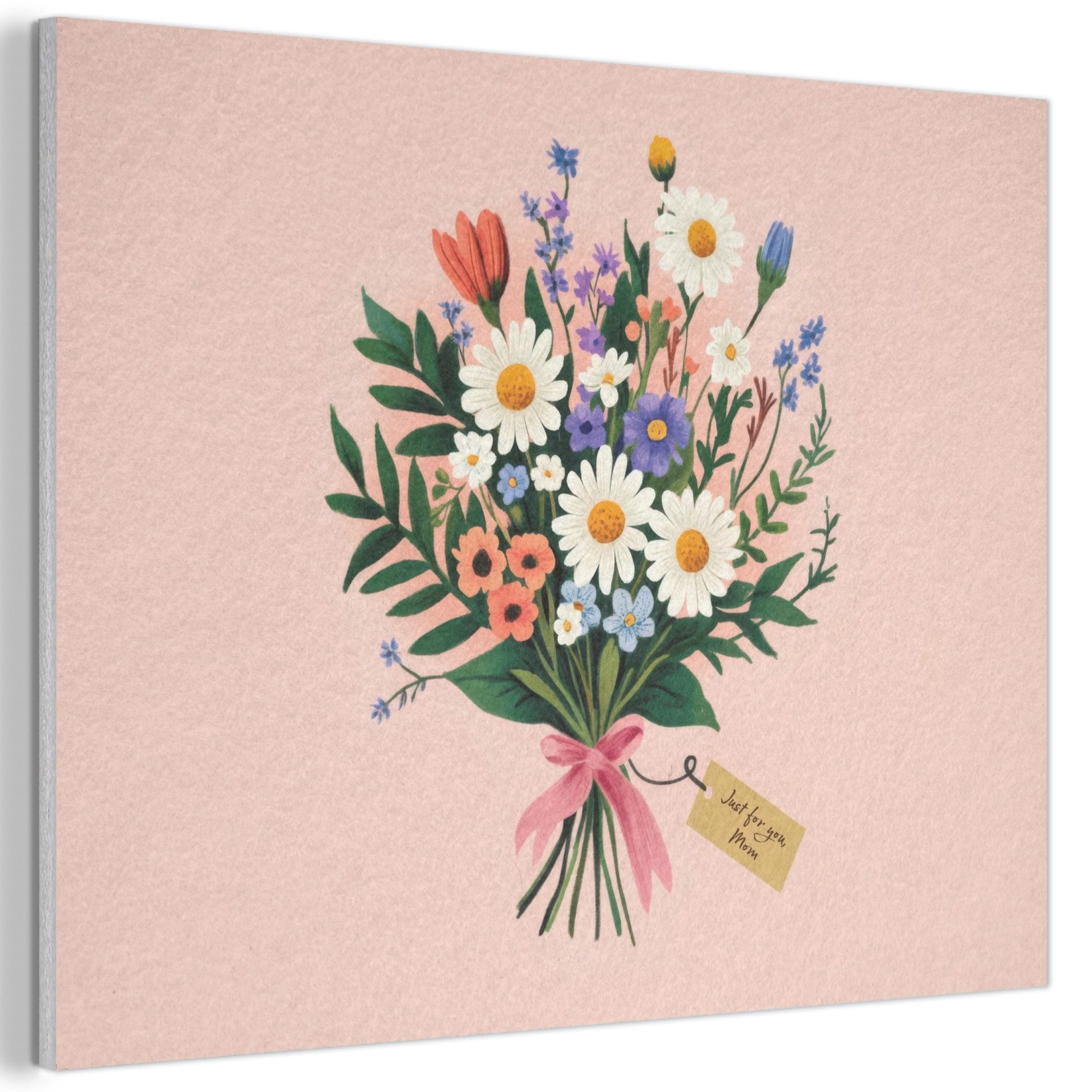 MuchoWow Gemälde Gänseblümchen - Strauß - Schleife - Rosa - Muttertagsgeschenk, Fotodruck (1 St), Akustikpaneele PET-Filz, Akustikbild, Schalldämmung, Deko 40x30 cm