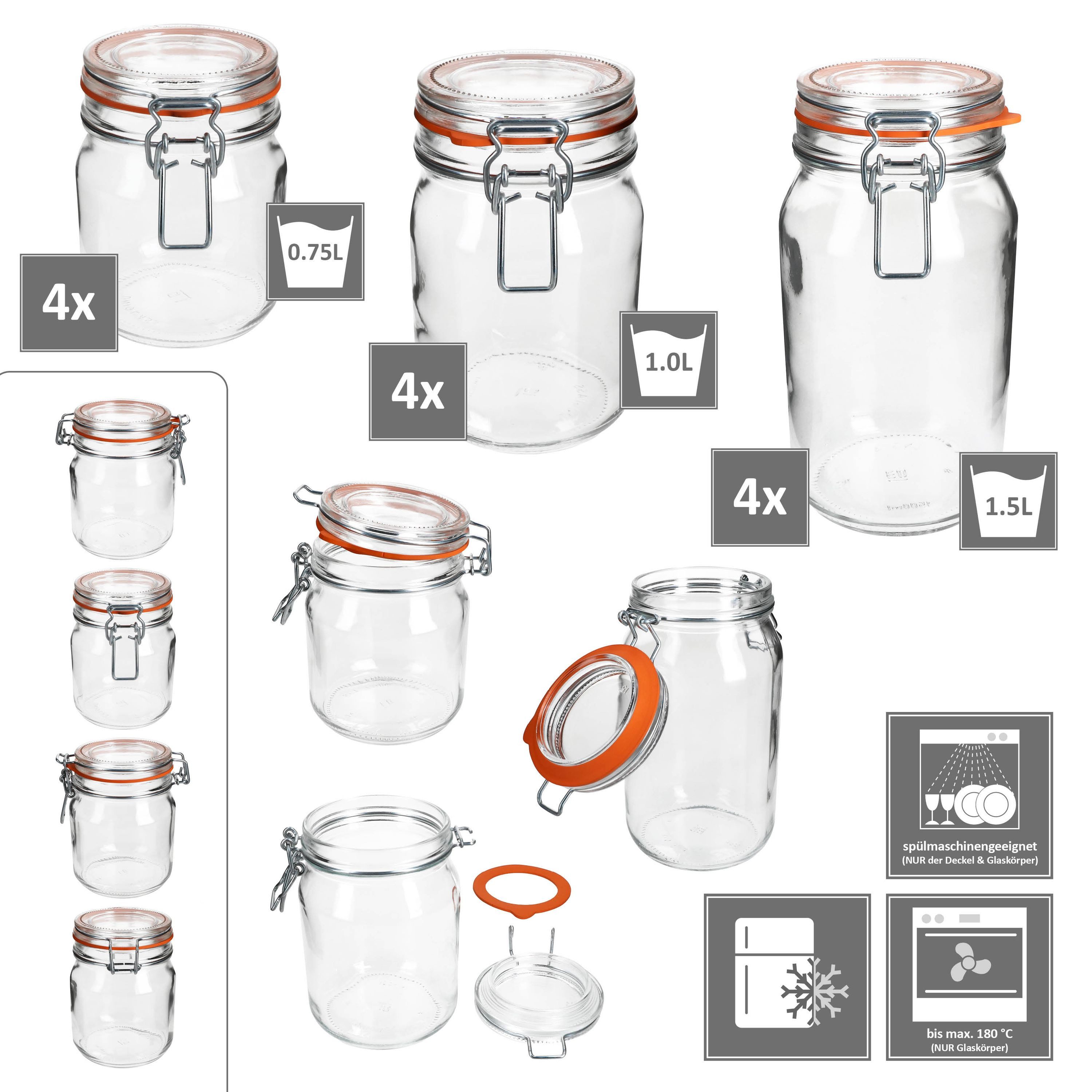 MamboCat Vorratsglas 12er Set Odin Einmachglas 1,5L 1L 0,75L Bügelverschluss, Glas – Bild 4 von 5