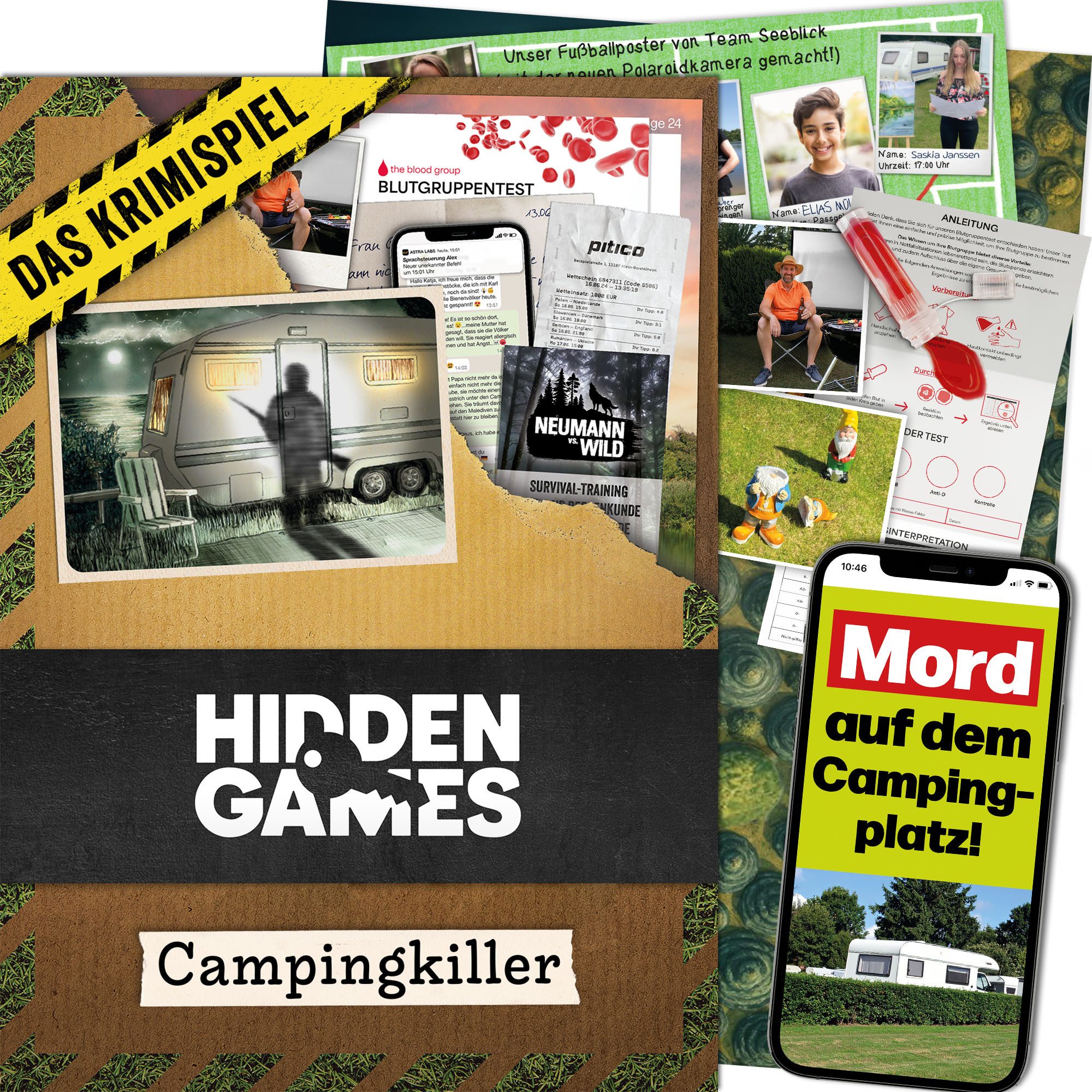 Hidden Games Tatort Spiel Campingkiller, Familienspiel, Gesellschaftsspiel, Detektivspiel, Escape Room, Made in Germany