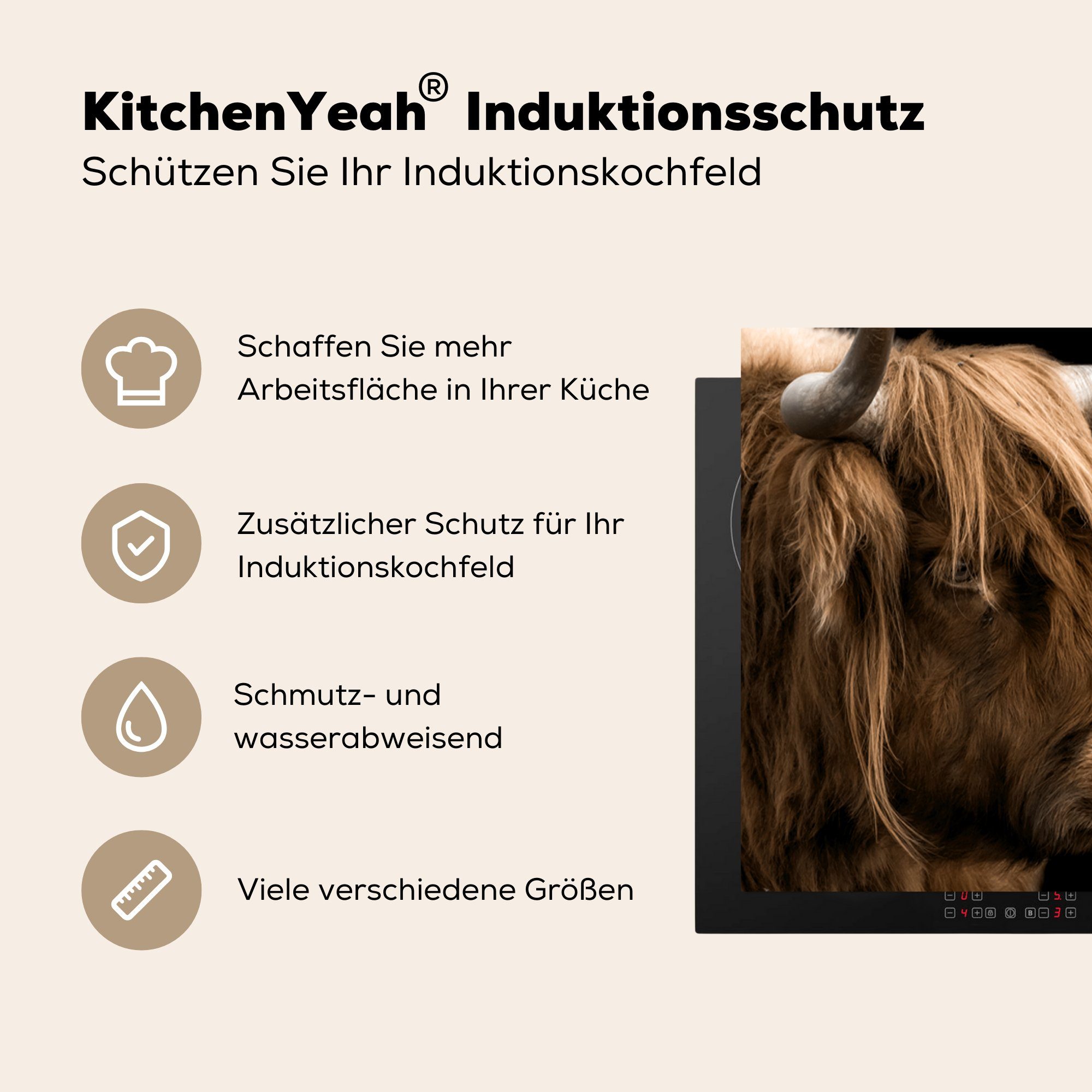 Tier, die - Schottischer - Induktionsmatte Fell für (1 Herdblende-/Abdeckplatte cm, MuchoWow tlg), Highlander 59x52 küche, Ceranfeldabdeckung Vinyl,