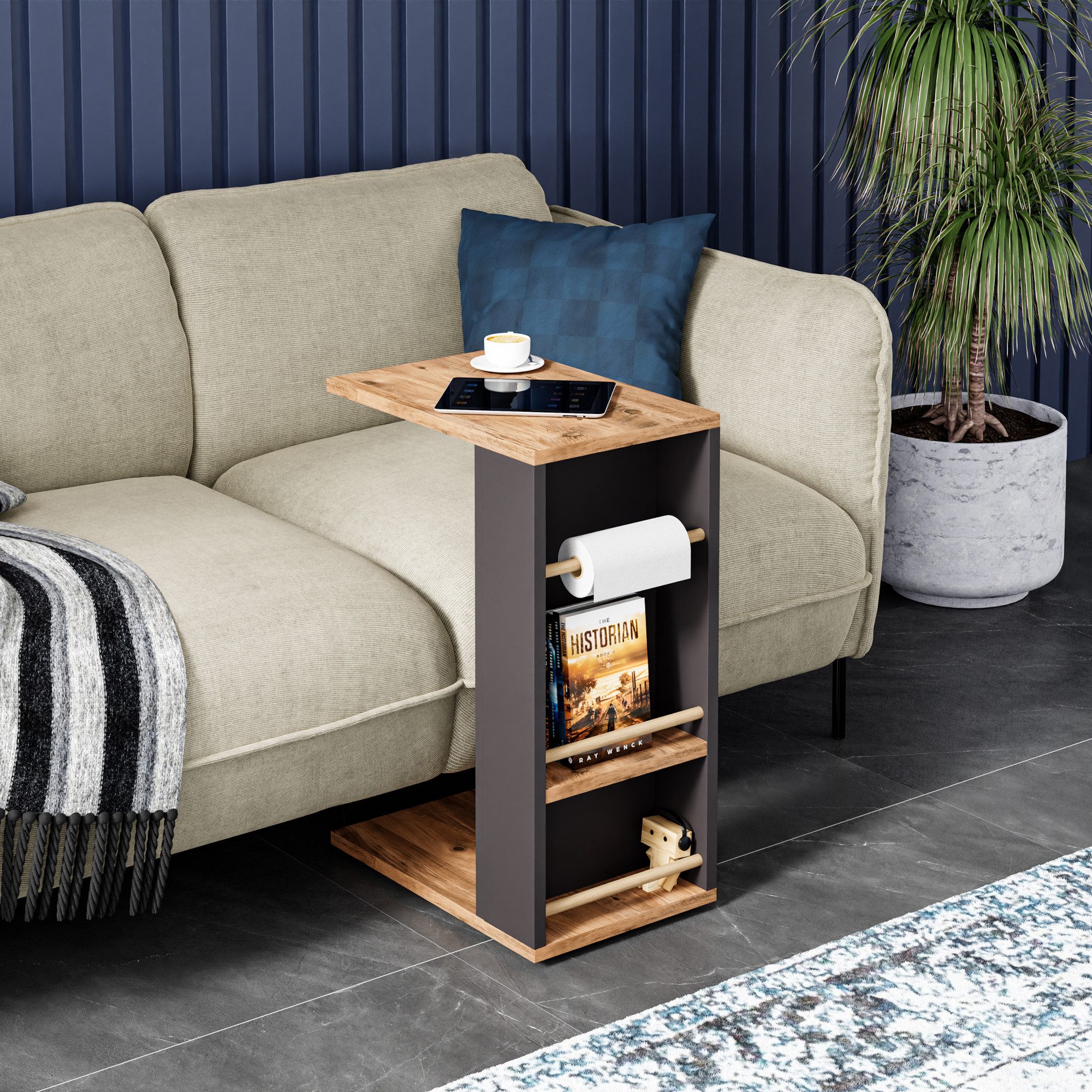 en.casa Beistelltisch, »Siikainen« mit waagerechten Streben Holzoptik/Schwa günstig online kaufen