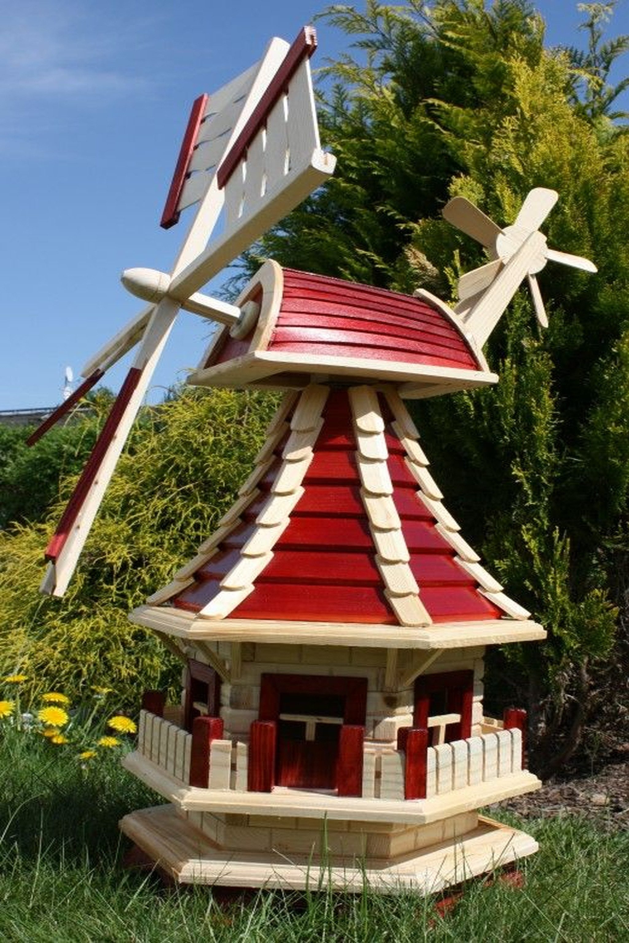 Holzdekoladen Deko-Windrad Gartenwindmühle Holz mit Solarlicht Weiß – drehbare Flügel