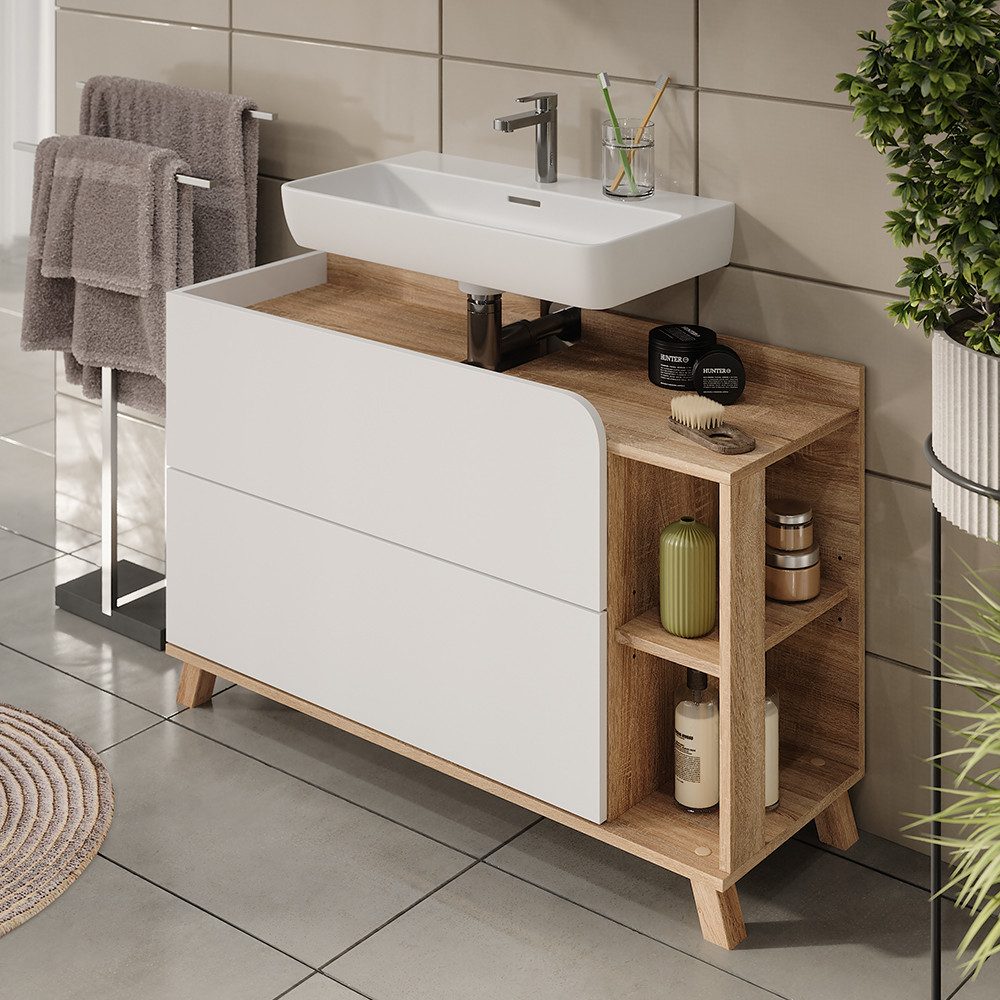 Vicco Waschbeckenunterschrank Karen, Sonoma/Weiß, 100 x 65 cm mit 2 Schubladen (1-St) – Bild 3 von 5