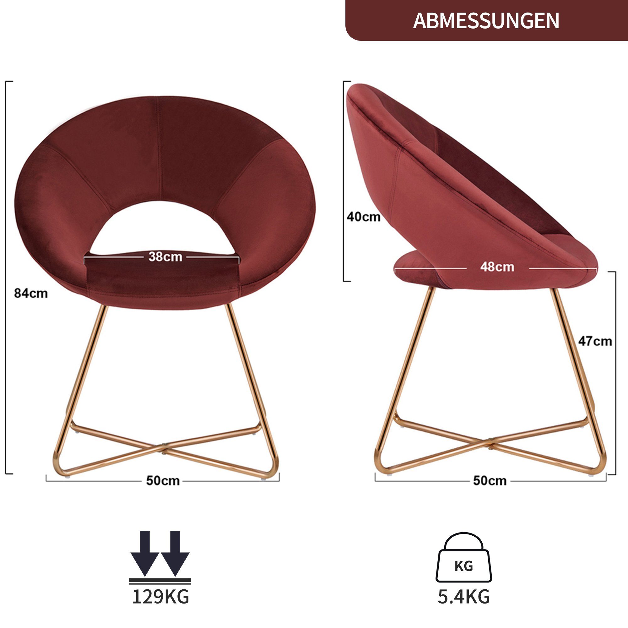 Samt, Rot Duhome Loungesessel, aus Polsterstuhl Metallbeine Wohnzimmerstuhl Gold Sessel, Esszimmerstuhl