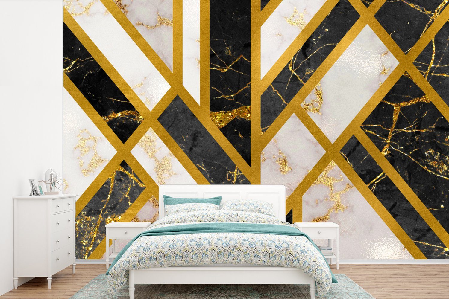 MuchoWow Fototapete Marmor - Gold - Muster, Matt, bedruckt, (6 St), Wallpaper für Wohnzimmer, Schlafzimmer, Kinderzimmer, Vinyl Tapete