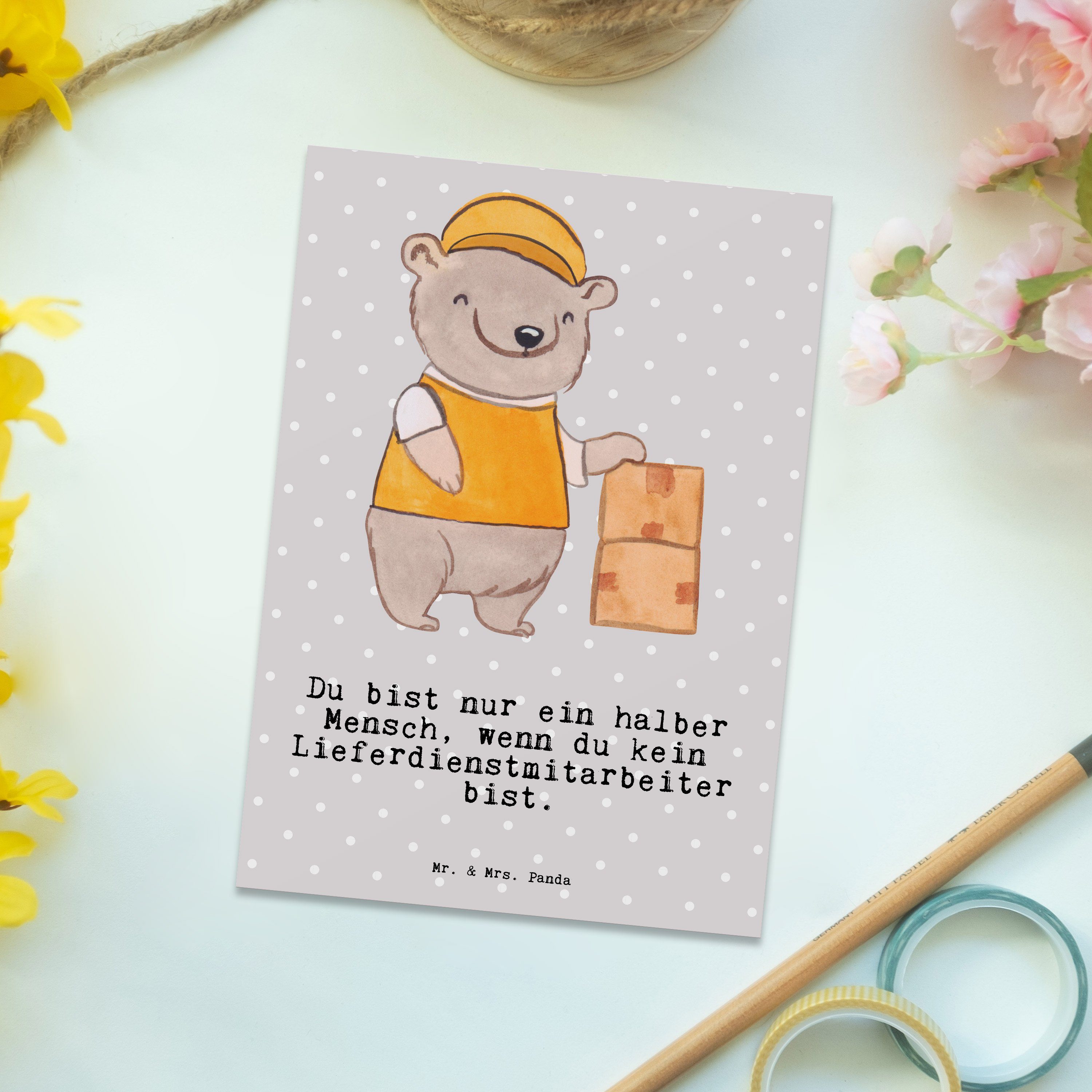Panda Grau Postkarte Herz Geschenk, mit Mrs. & Pastell Geburtsta - Mr. Lieferdienstmitarbeiter -