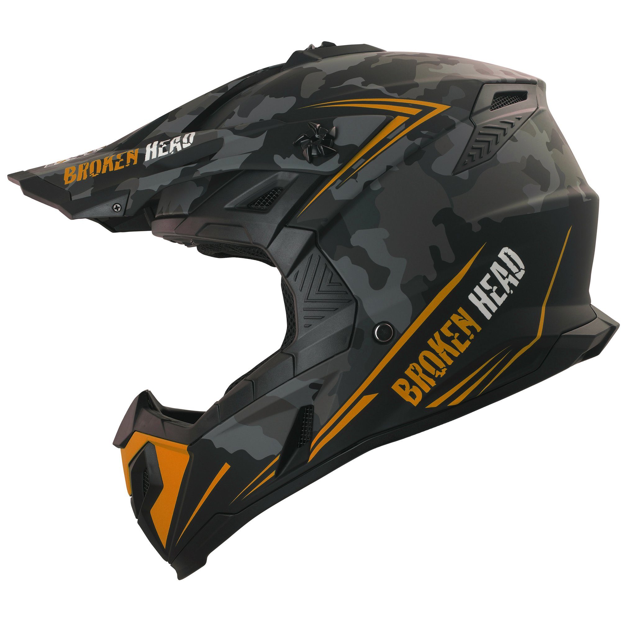 Motocrosshelm Squadron Rebelution Camouflage-Grau-Orange, mit Ratschen- und Doppel-D-Verschluss
