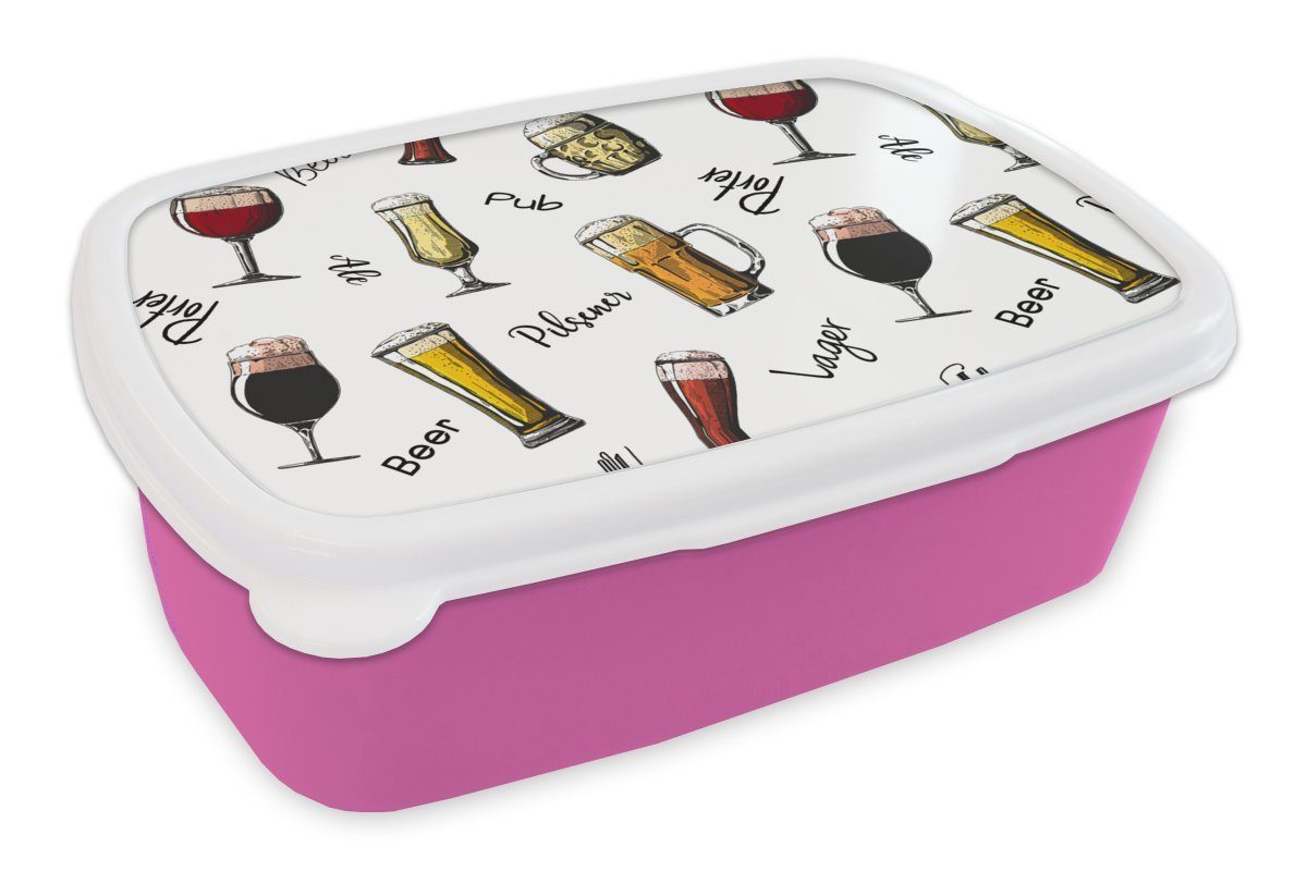 MuchoWow Lunchbox Bier - Gläser - Muster, Kunststoff, (2-tlg), Brotbox für Erwachsene, Brotdose Kinder, Snackbox, Mädchen, Kunststoff rosa