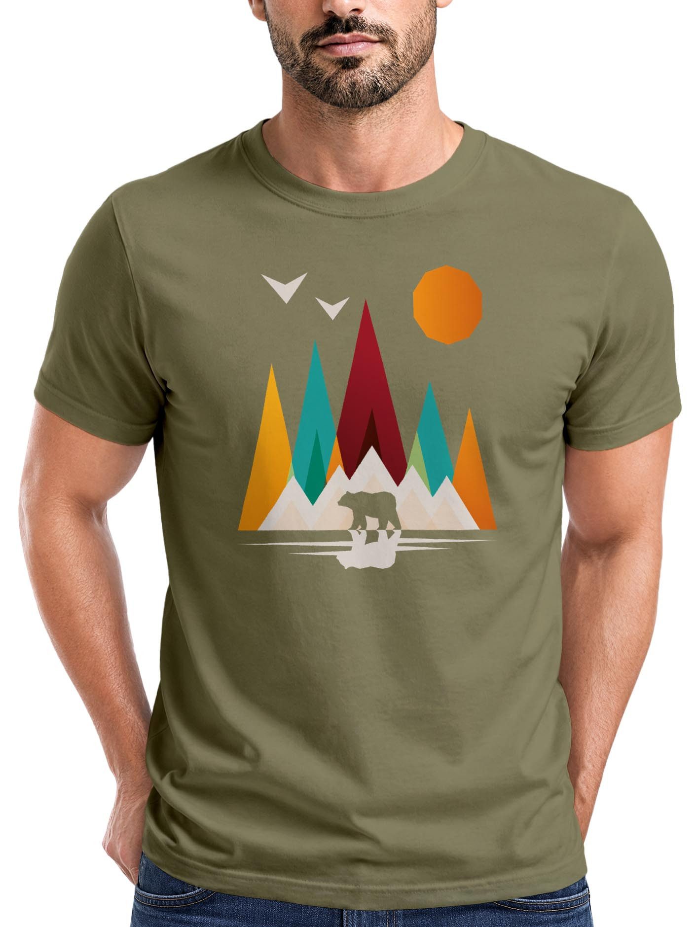 Print-Shirt Herren T-Shirt Berge Bär Natur Polygon Outdoor Printshirt Aufdruck