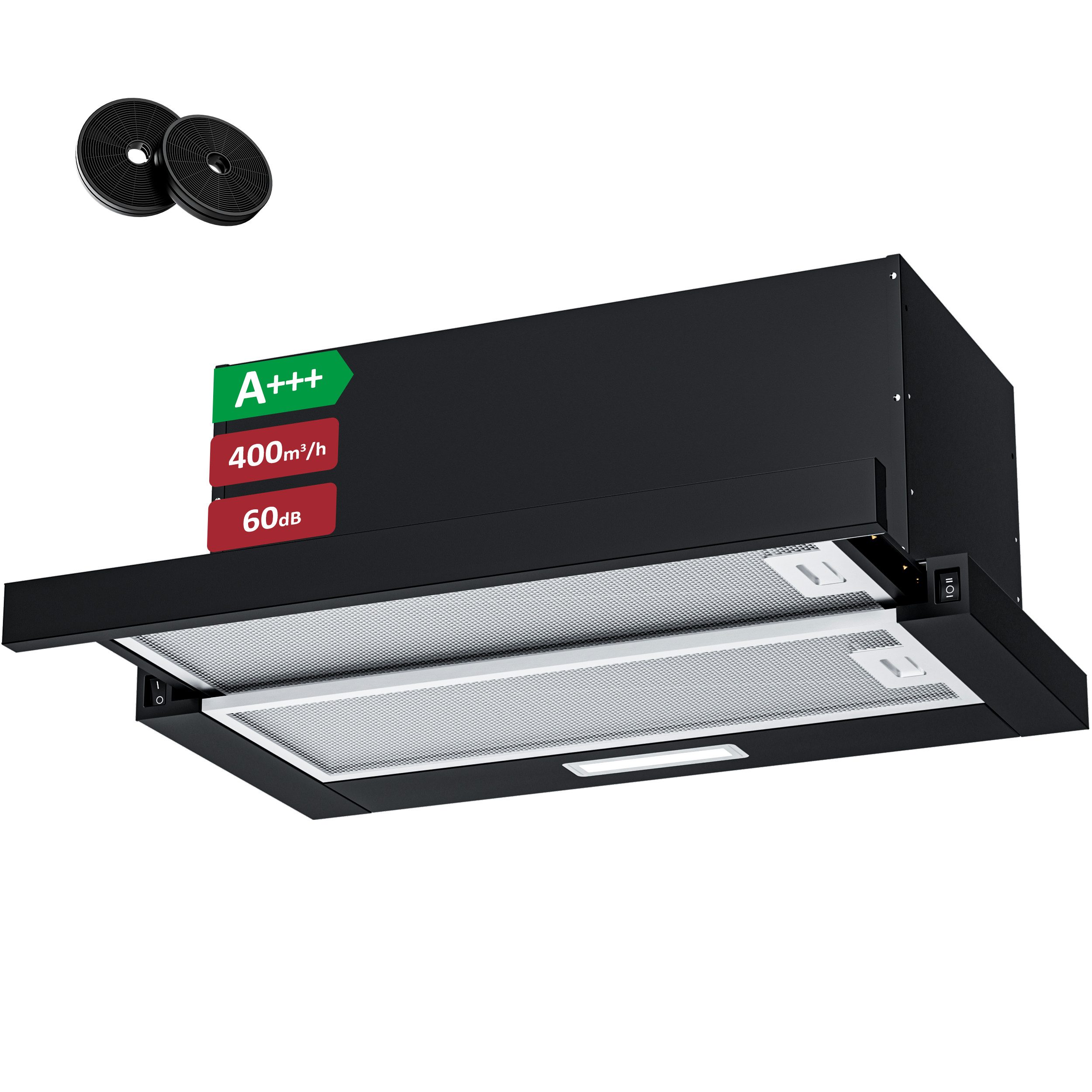 Levivo Flachschirmhaube A+++ Dunstabzugshaube 60cm Umluft & Abluft mit 400 m³/h A+++ Dunstabzugshaube 60cm Umluft & Abluft mit 400 m³/h, Aktivkohlefiltern, Fettfiltern, LED-Beleuchtung