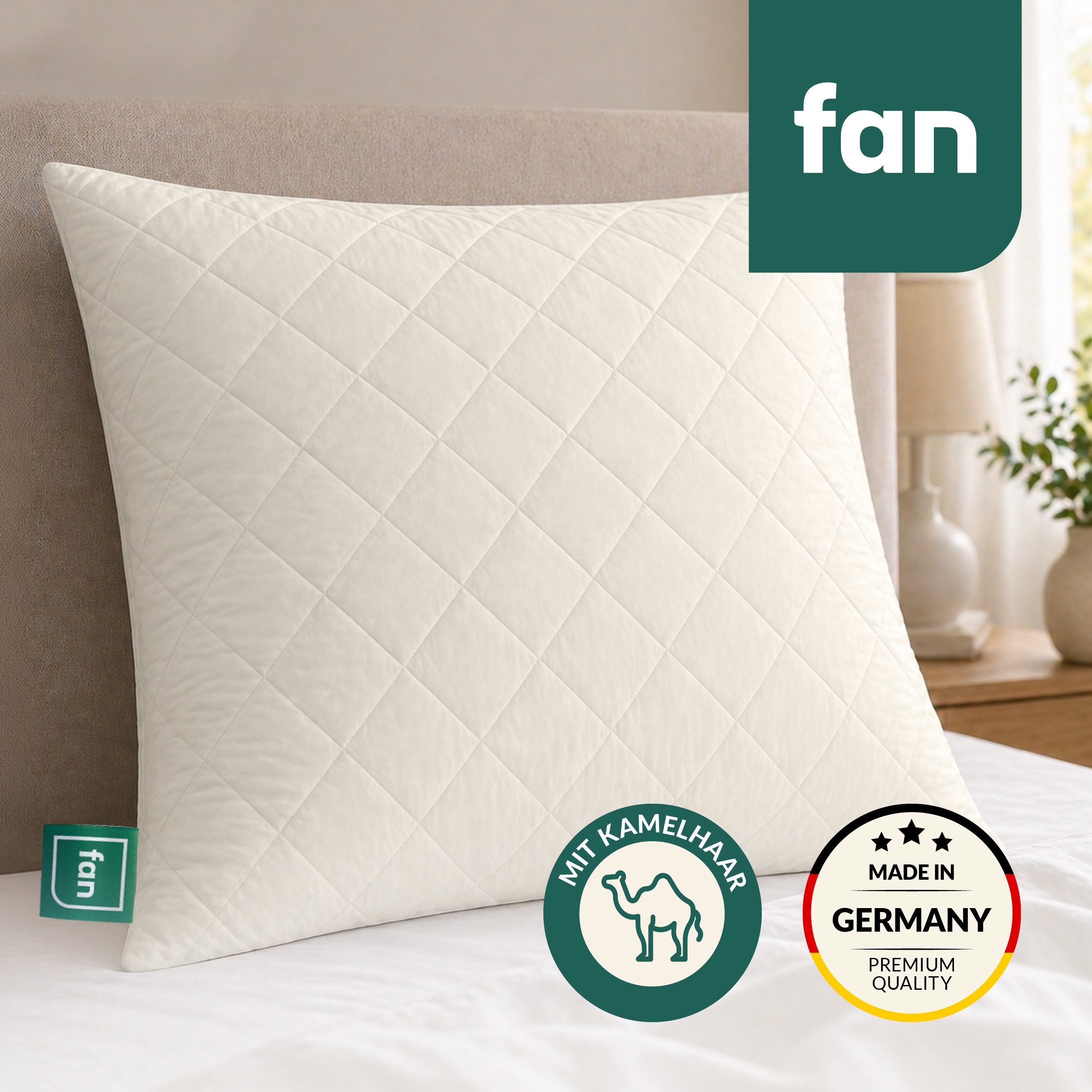 fan Naturfaserkissen Gobi, Kopfkissen in 40x80 & 80x80 cm, Made in Germany, Füllung: 97% Wolle, 3% sonstige Fasern, Bezug: 100% Baumwolle versteppt mit 97% Kamelhaar, 3% sonst. Fasern, Kissenbezug aus Baumwolle mit Kamelhaar versteppt, Füllung aus Wolle