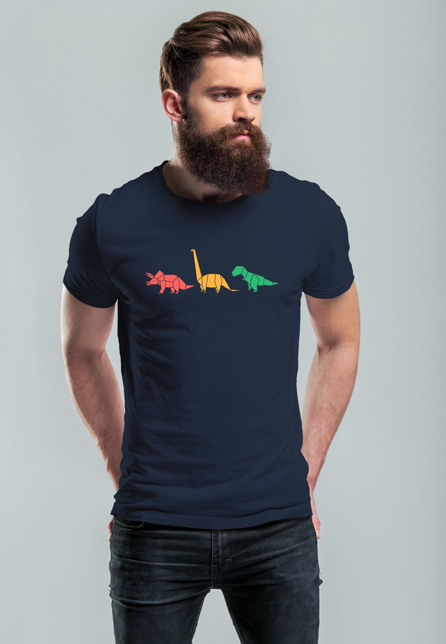 Herren Aufdruck navy Print Print Fash Neverless T-Shirt Tiere Print-Shirt Dinosaurier Polygon Geometric mit