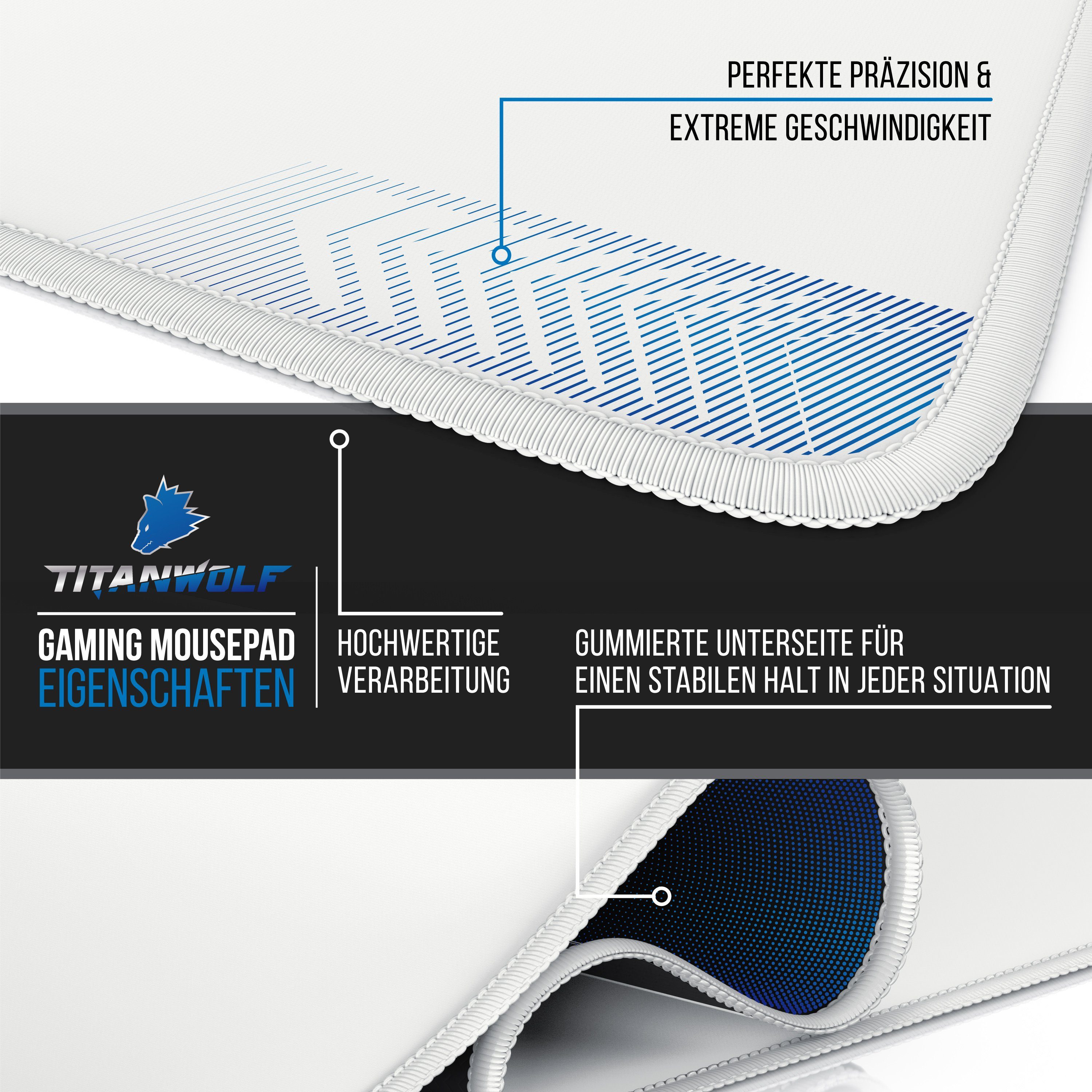 Titanwolf Gaming Mauspad XXL Speed Mousepad 900 x 400 x 3 mm, große Tischunterlage, rutschfest, abwaschbar, Geschwindigkeit & Präzision, weiß
