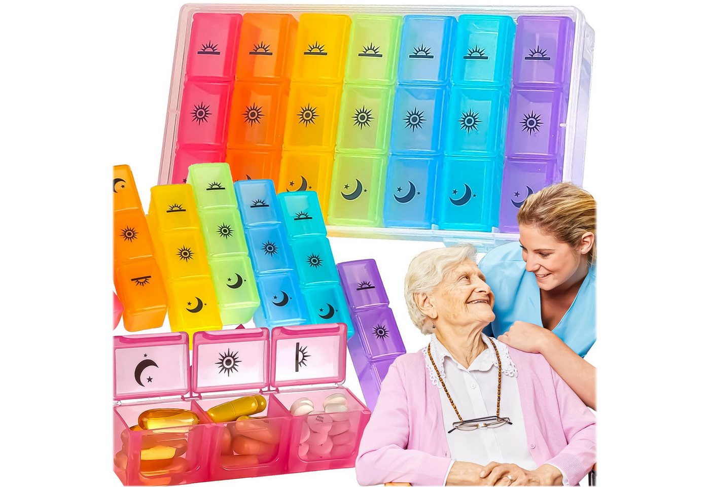 Realb2b Pillendose Wöchentlicher Pillen-Organizer mit Tages- und Zeitaufteilung (Medikamentenbox für eine Woche mit Tages- und Zeitaufteilung, 7 St., Wöchentlicher Pillen-Organizer mit 7 x 3 Fächern), Übersichtlicher Medikamenten-Organizer für eine ganze