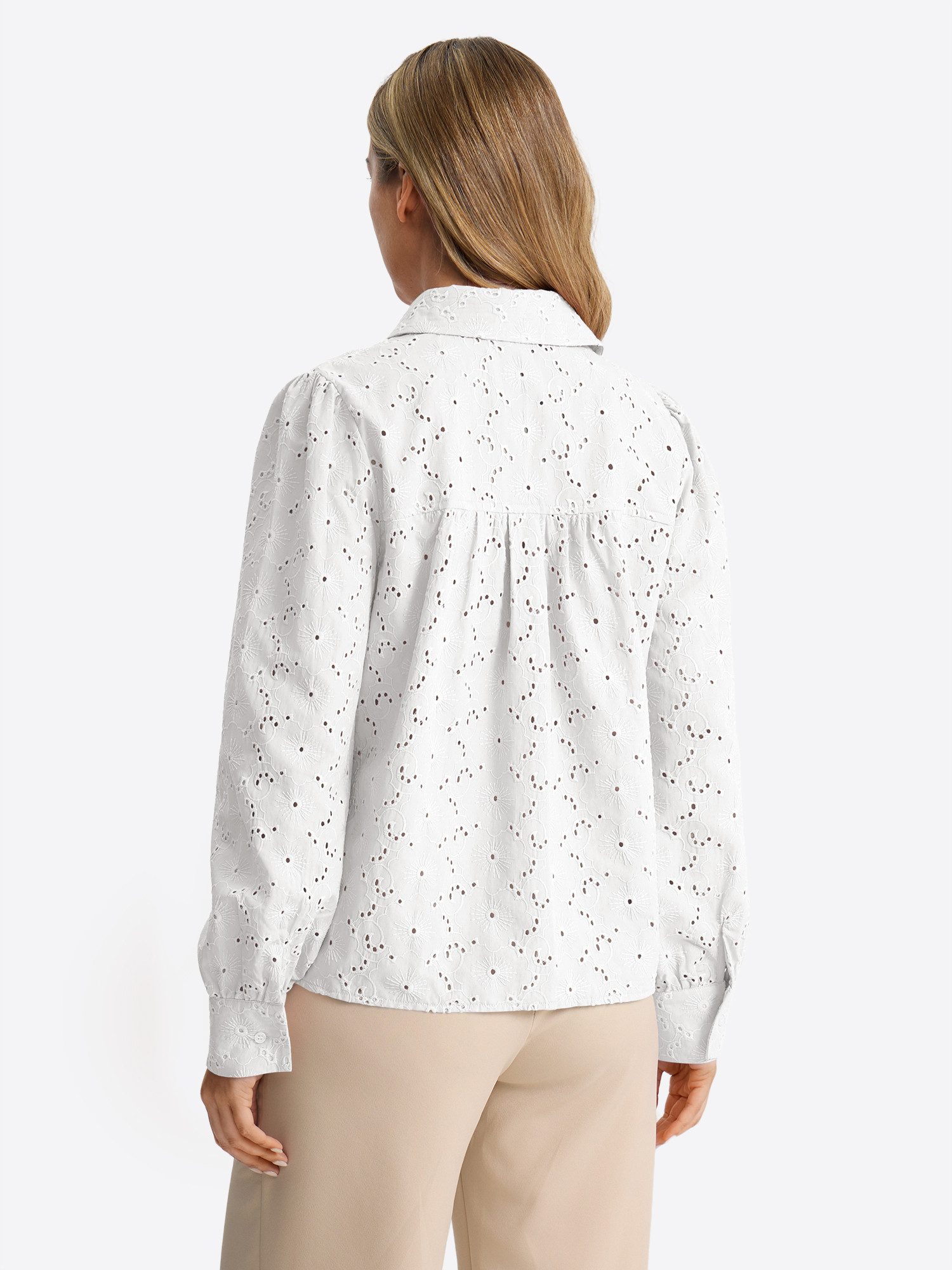 Imily Bela Blusentop Damen Langarm Bluse mit Lochstickerei und Puffärmeln (Packung, 1-tlg., 1per-Pack) in Unifarbe