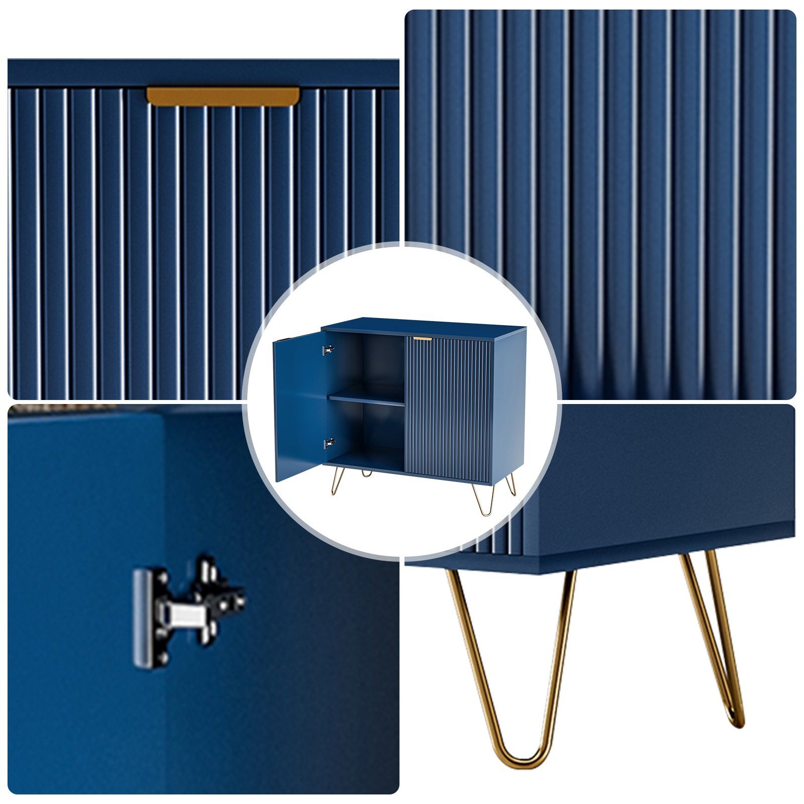 (Moderner SEEZSSA Schrank vergoldeten Türen, mit Schubladen,Nachtkommode, zwei Türen Nachtkonsole Beinen Nachtschrank Beistelltisch), und dunkelblau Nachttisch mit 2 Vertikaler Sofatisch