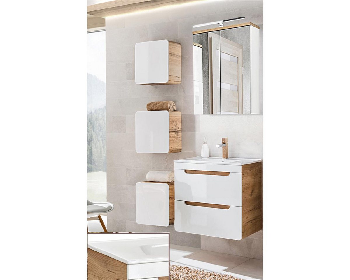 Lomadox Badmöbel-Set LUTON-56, (Spar-Set, 5-St), Eiche 60 cm Waschtisch und Spiegelschrank 110/200/46 cm