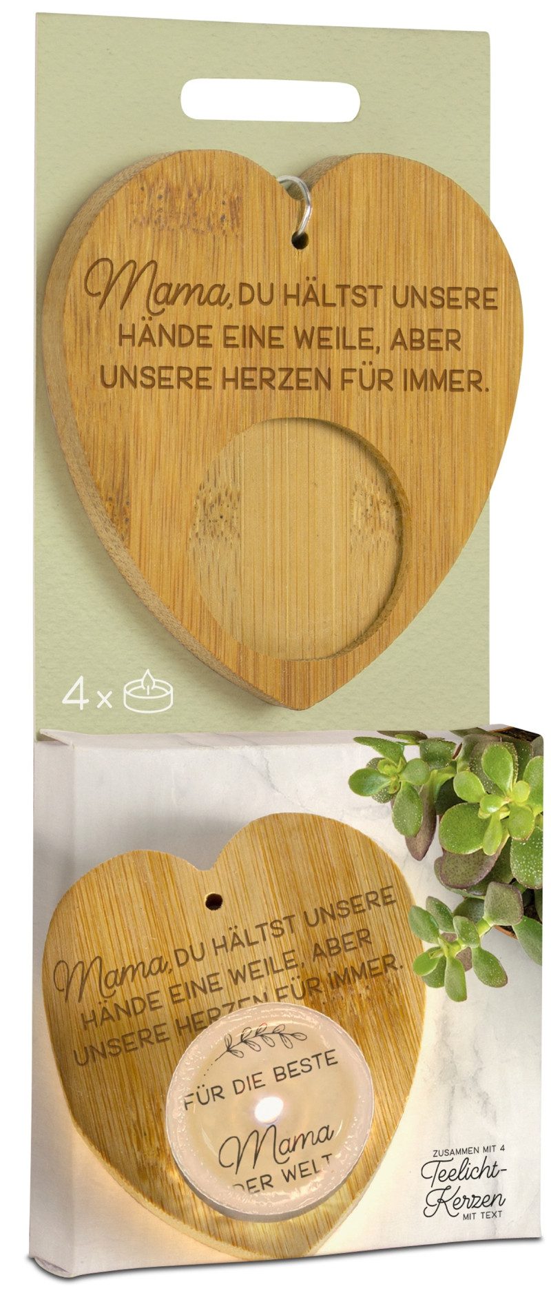 formano Teelichthalter Magic Kerze Mama hält Herzen Bambus-Holz-Herz 4 Teelichter (1 St), aus Bambusholz