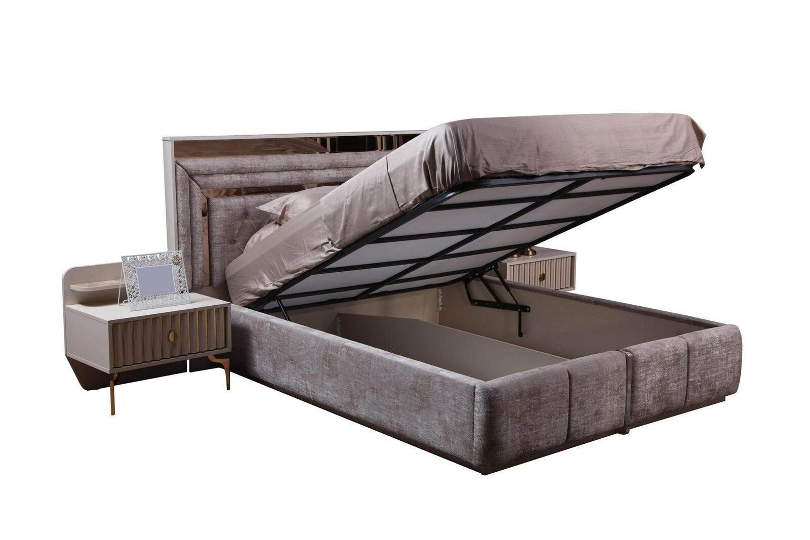 JVmoebel Schlafzimmer-Set in Nachttische), Europa Schlafzimmer Set (3-St., Designer Bett/2x Nachttische, Taupes Made Doppelbett Möbel