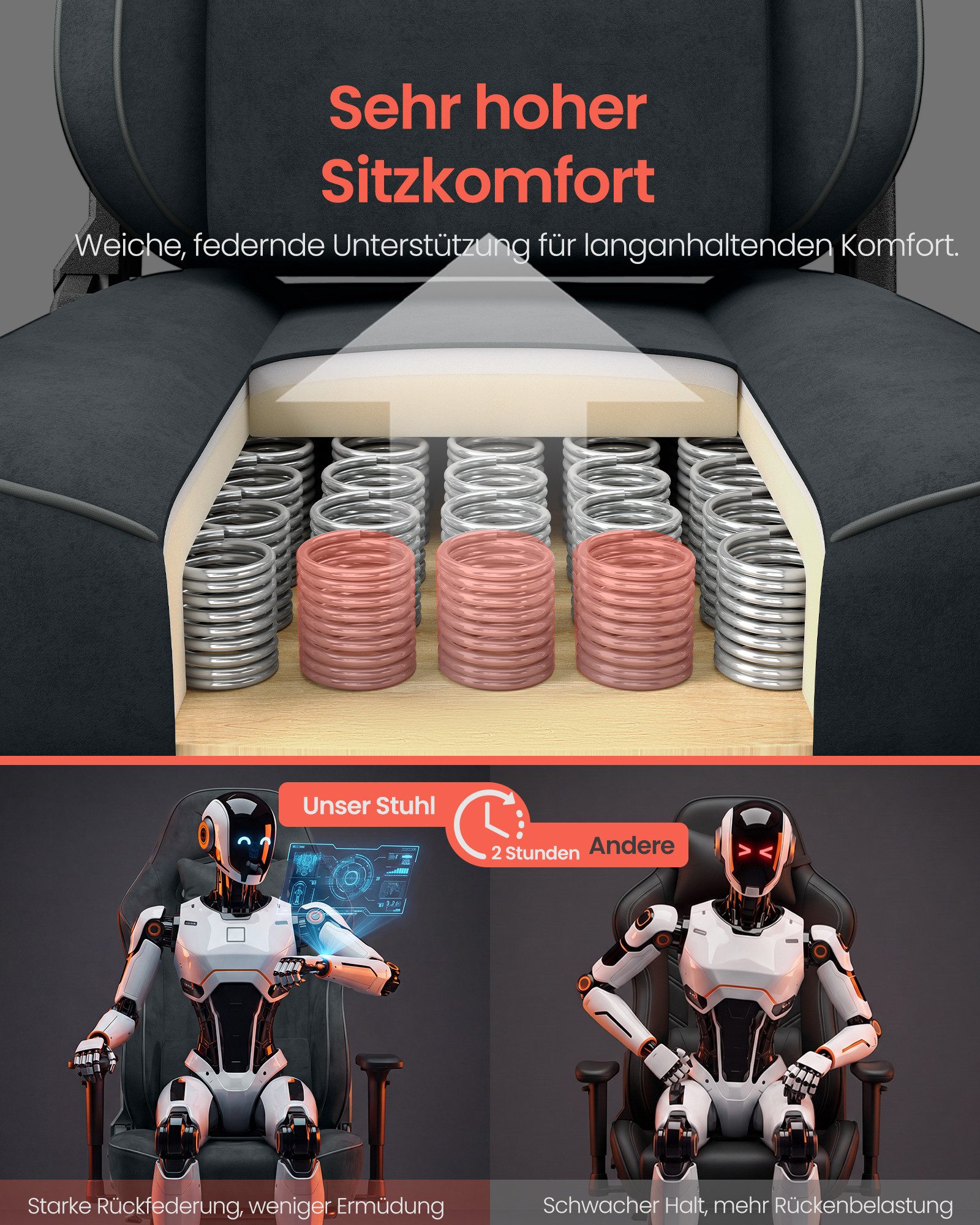 SONGMICS Gaming-Stuhl Schreibtischstuhl ergonomisch, 4D verstellbare Armlehnen, Fußstütze, Bis 180 kg belastbar, 72 x 72 x (125-135) cm, Wildlederimitat – Bild 3 von 5