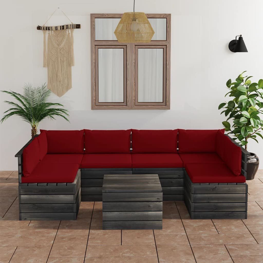 Kissen Kiefernholz, Garten-Sofagarnitur Weinrot Gartenlounge-Set Paletten (7-tlg) vidaXL mit aus 7-tlg.