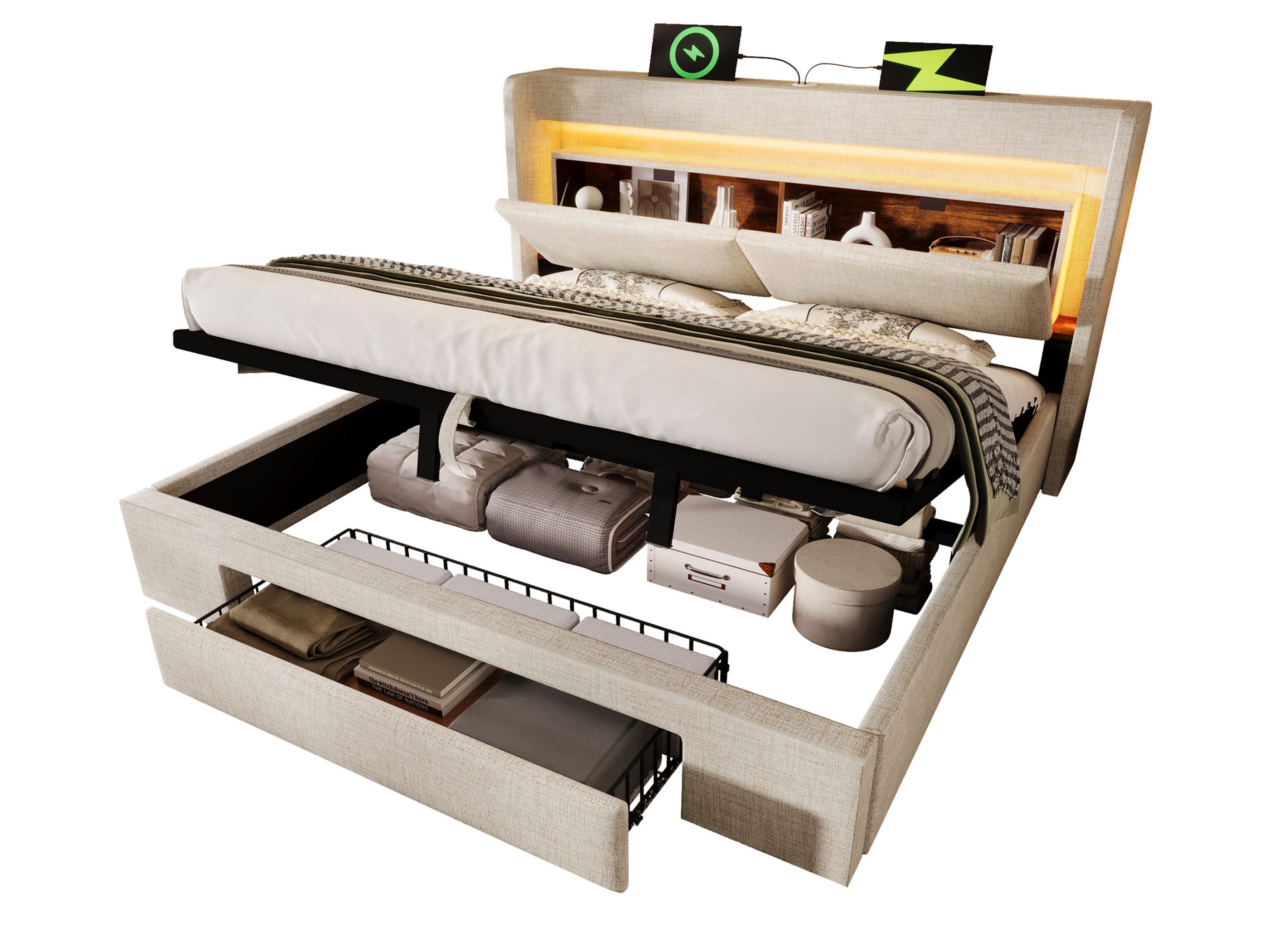 SeedWave Polsterbett LED Stauraumbett mit Leinenbezug, Ladefunktion, 90/140/160/180×200cm, Hydraulisches Bett mit gepolstertem Kopfteil, Rollen-Schublade