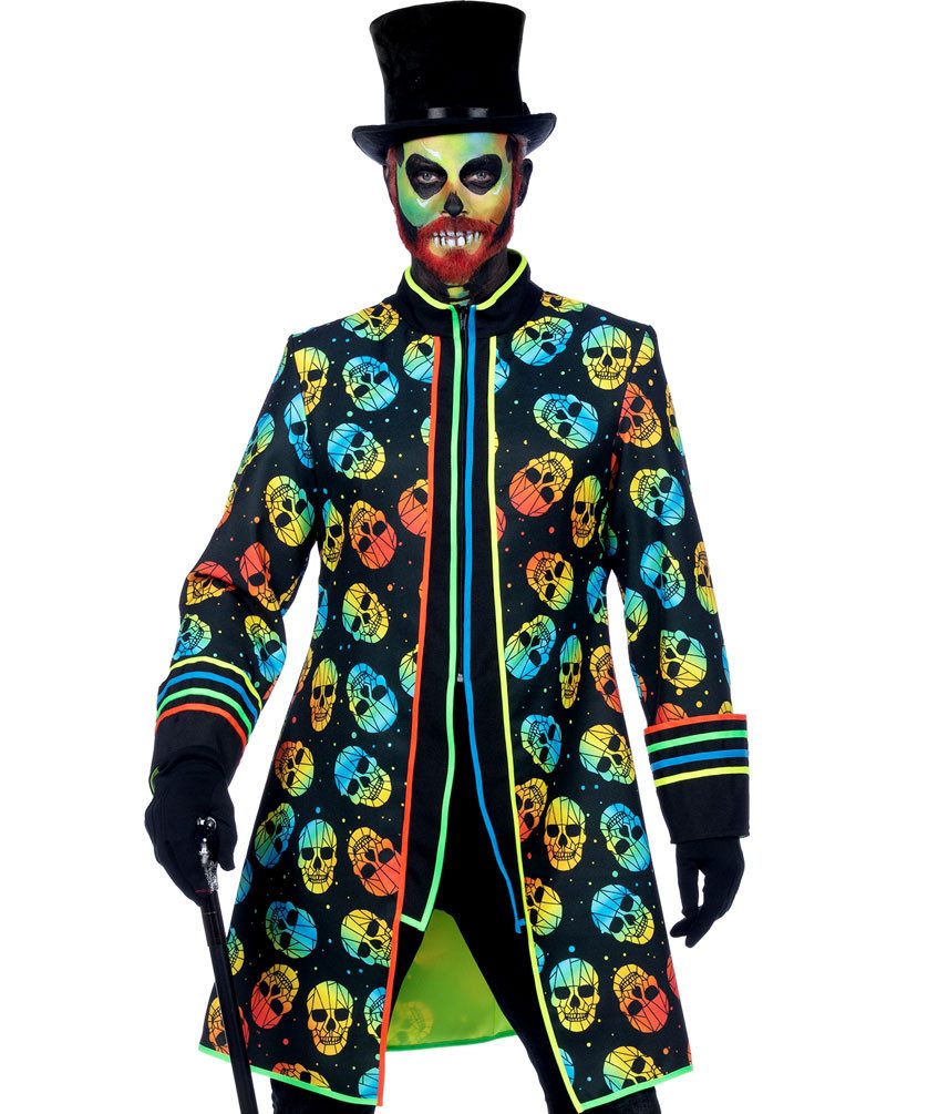 Karneval-Klamotten Kostüm La Catrina Tag der Toten Herrenkostüm Jacke Neon, Dia de los Muertos Männer Halloweenkostüm Totenkopf Jacke Karneval