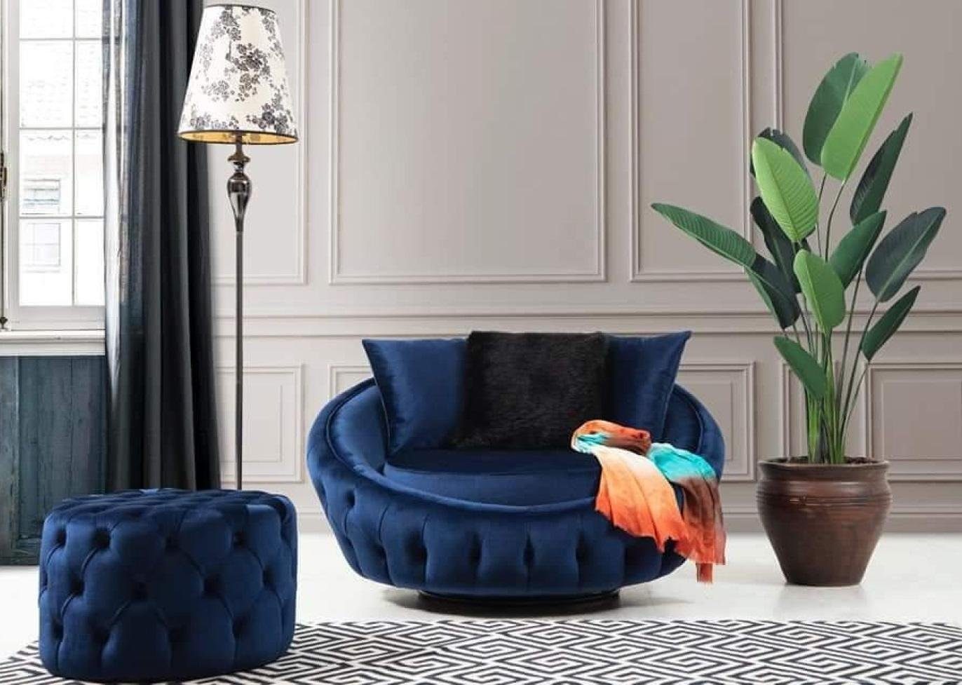JVmoebel Sessel Wohnzimmer sessel Polyester Modern Einsitzer Rund Holz Blau neo | Einzelsessel