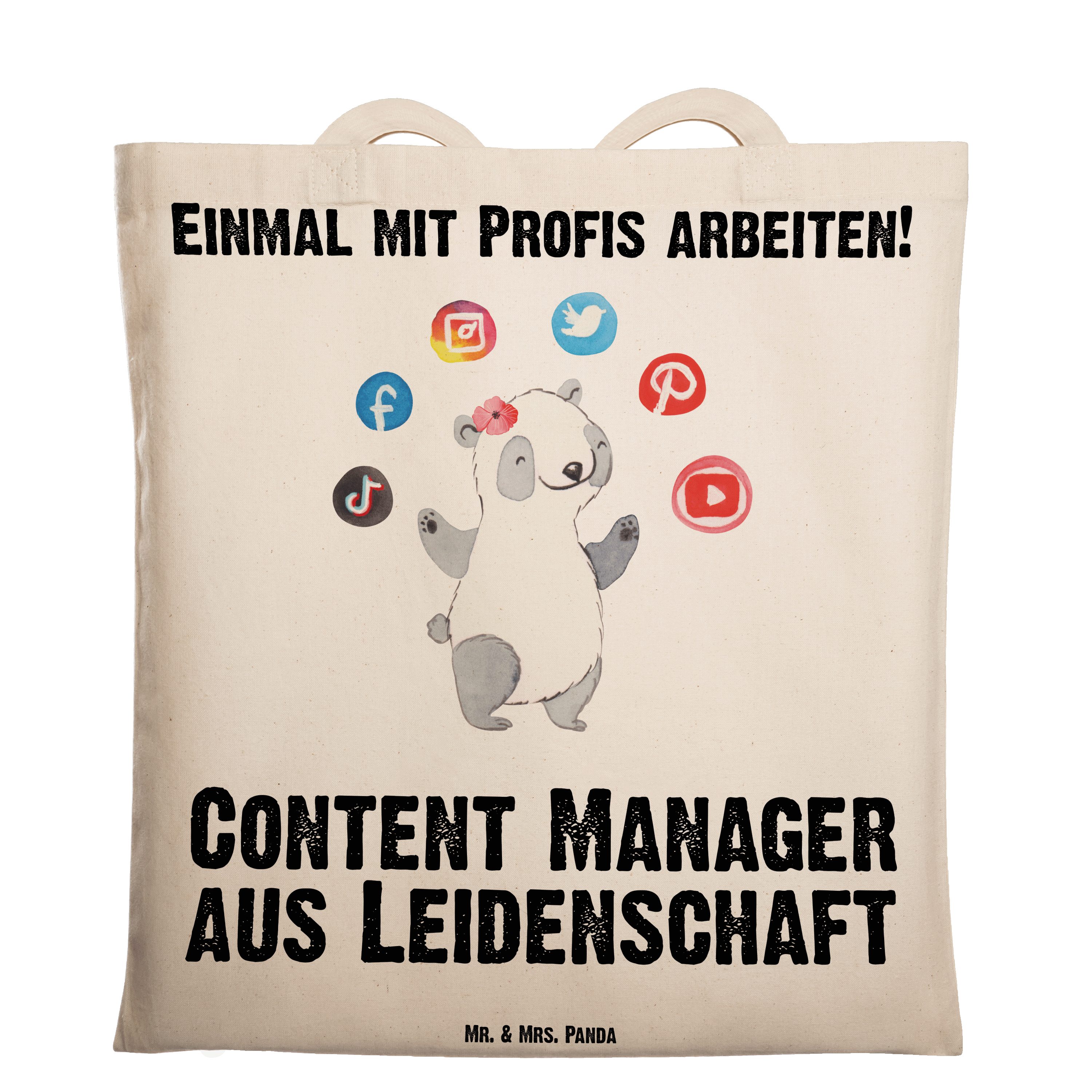 Mr. & Mrs. Panda Tragetasche Content Manager aus Leidenschaft - Transparent - Geschenk, Jutebeutel (1-tlg) | Canvas-Taschen