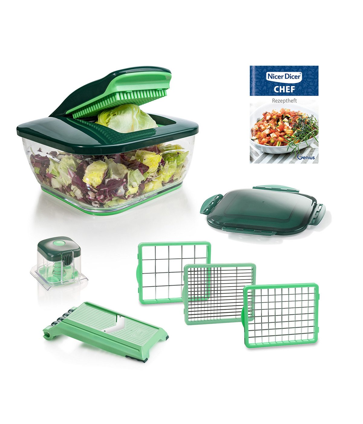 Genius Овощерезка Nicer Dicer Chef 9 tlg. Gemüsehobel Salatschneider, 0 W, Würfel- u. Tomatenschneider mit 3 Einsätzen Behälter 3300ml