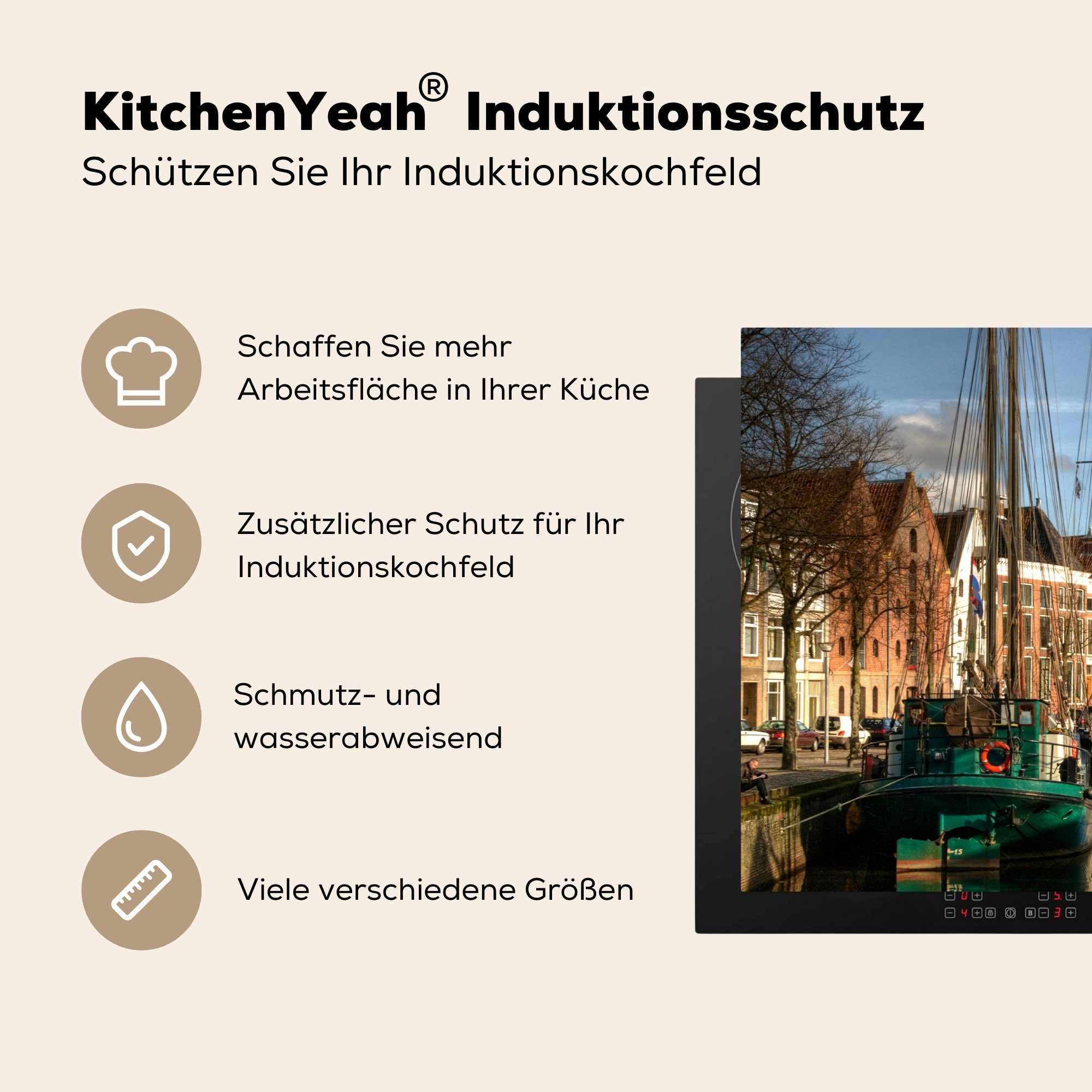 Schutz cm, Herdblende-/Abdeckplatte - Induktionskochfeld (1 MuchoWow Groningen - küche, 81x52 Segelboot, Ceranfeldabdeckung Vinyl, die Grachtenhaus tlg), für